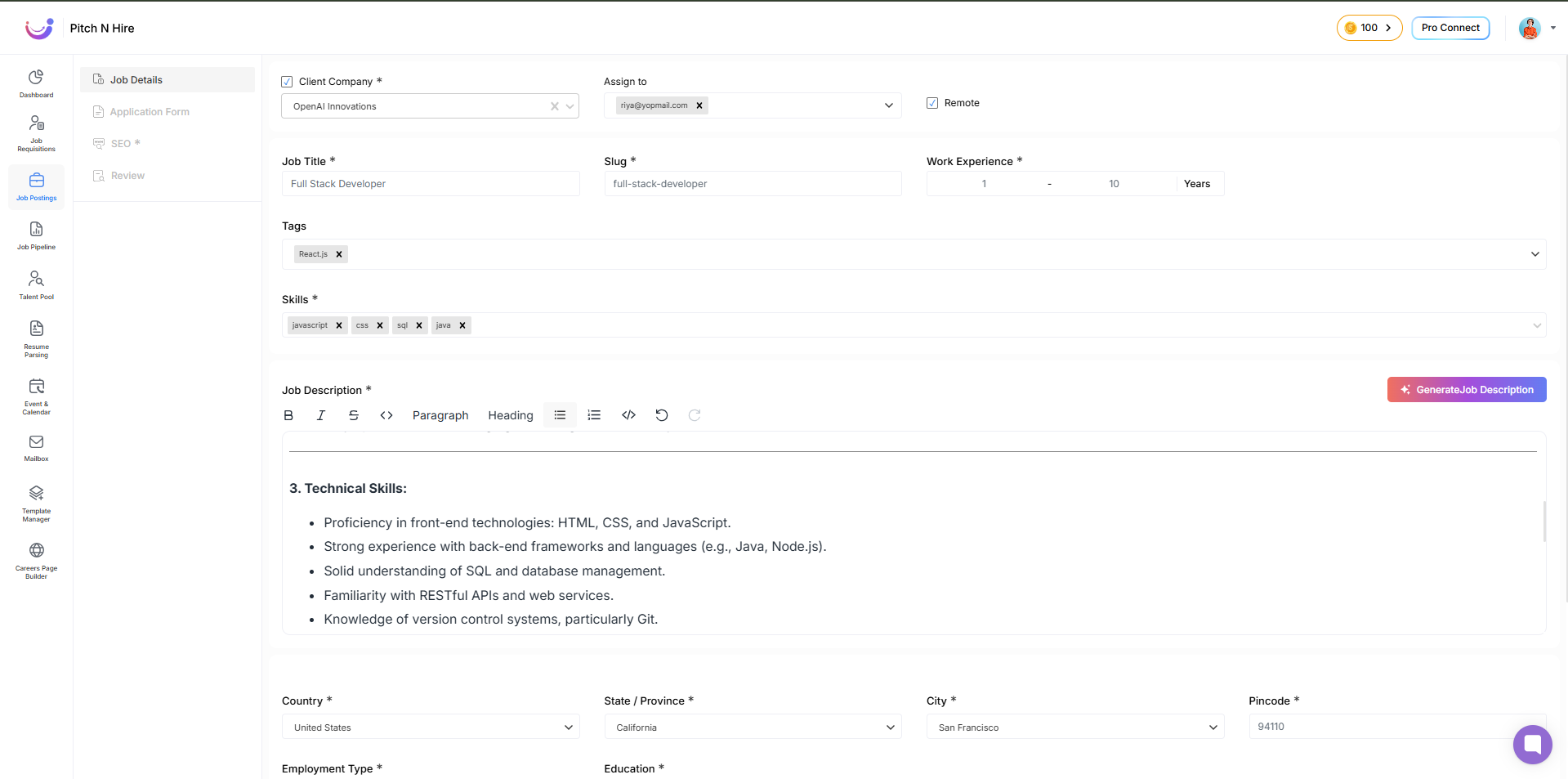 Job Create Input Data