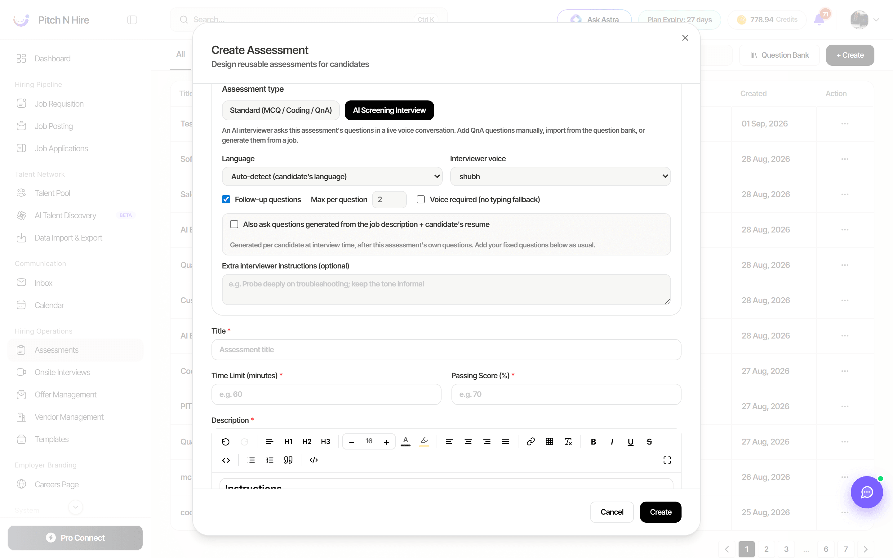 Create Assessment dialog with the AI Screening Interview type selected, showing language, interviewer voice, follow-up questions, voice required and extra interviewer instructions settings