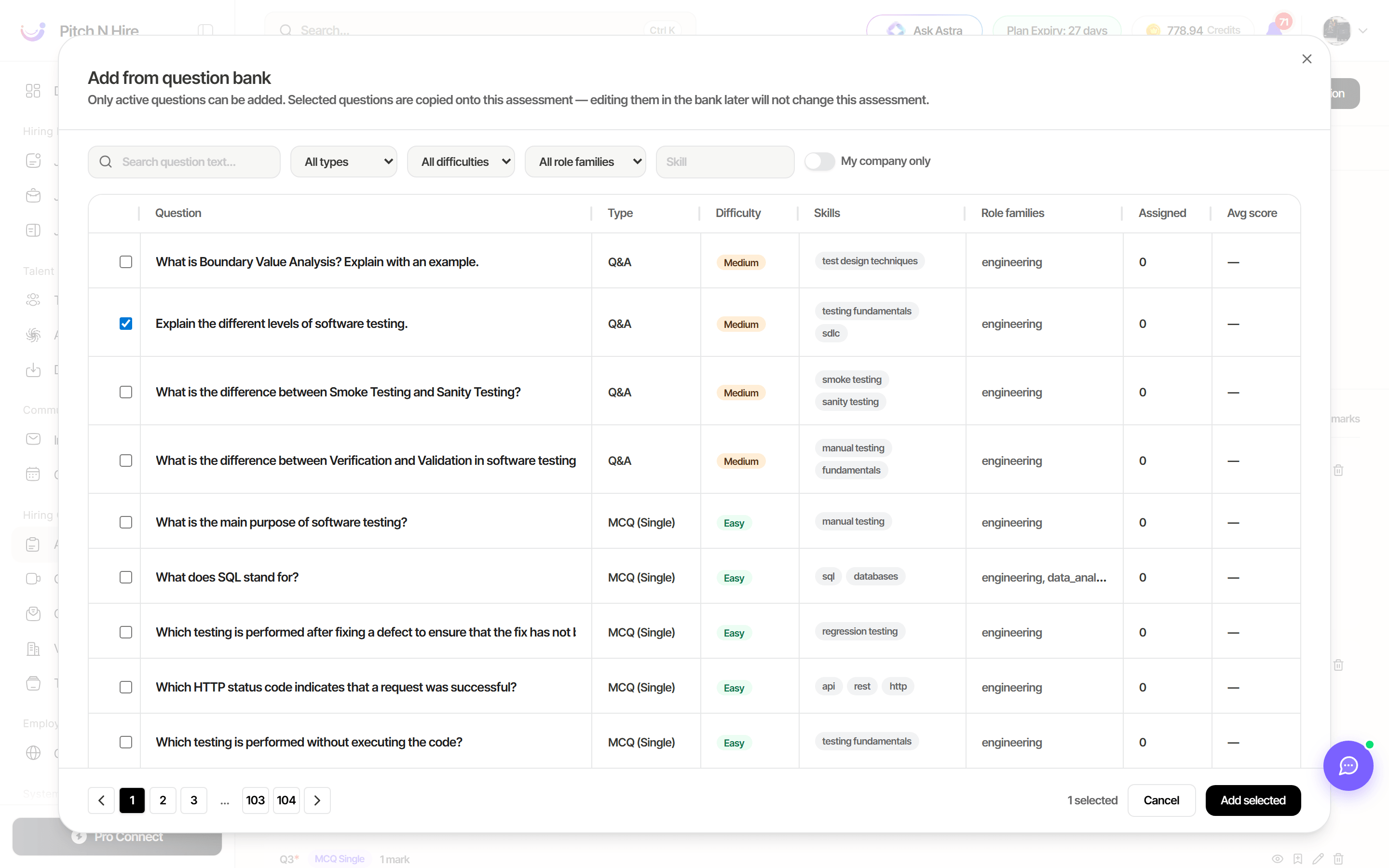 Add from bank modal showing suggested questions for the linked job with type, difficulty and role family filters and questions selected for adding