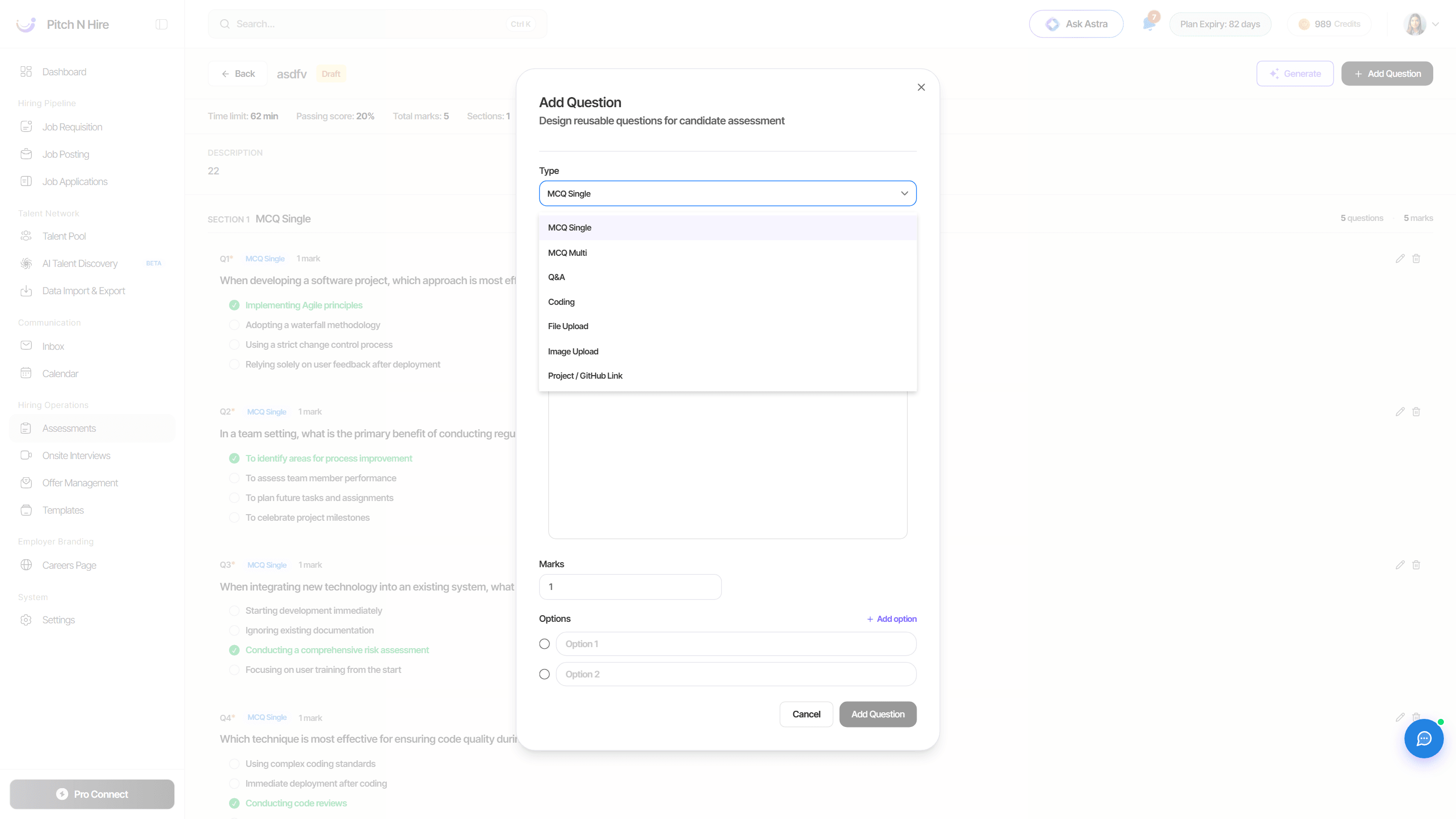 Add Question modal with the Type dropdown open showing MCQ Single, MCQ Multi, Q&A, Coding, File Upload, Image Upload and Project / GitHub Link, plus Section, rich-text question editor, Marks and Options fields