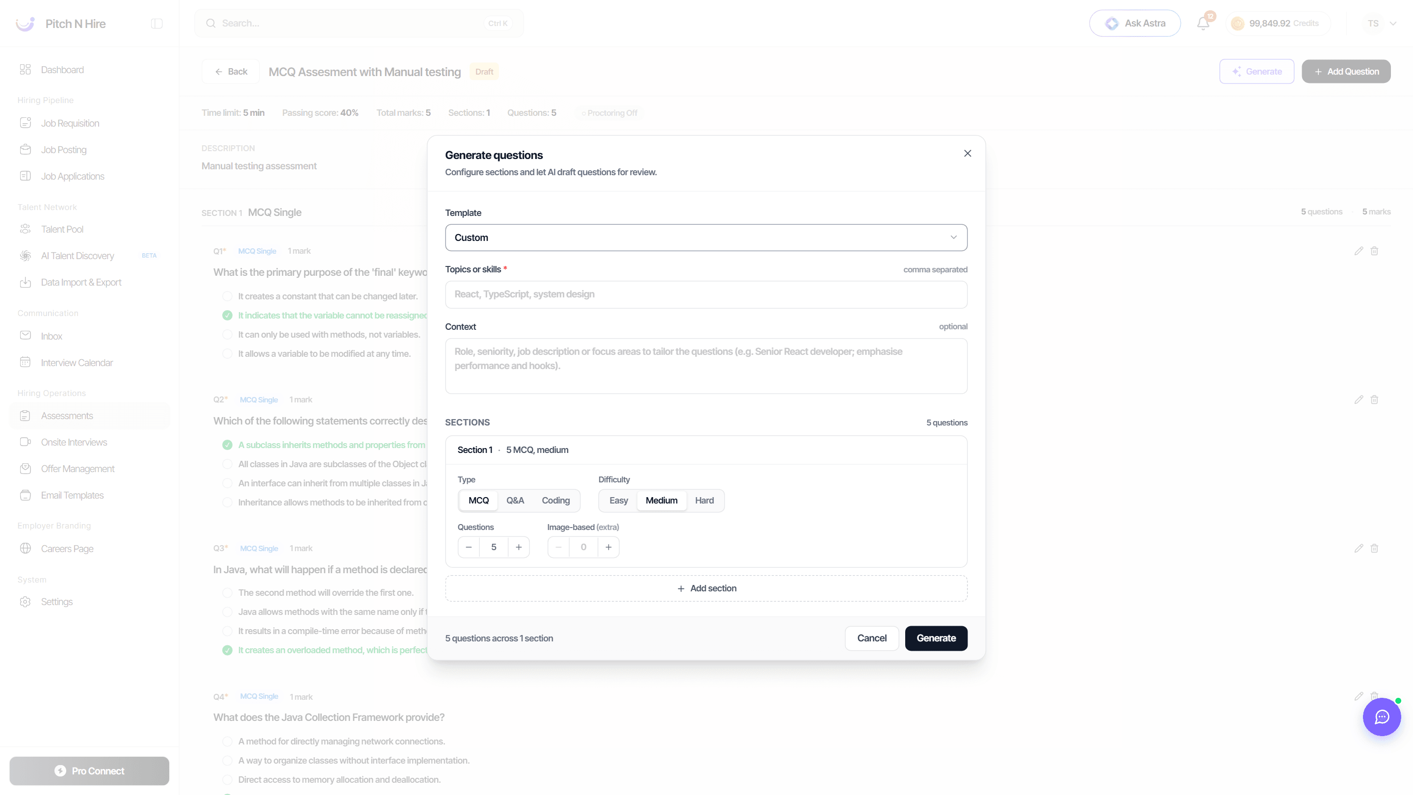 Generate questions modal with template, topics/skills, context and a section configured for MCQ, medium difficulty and a question count