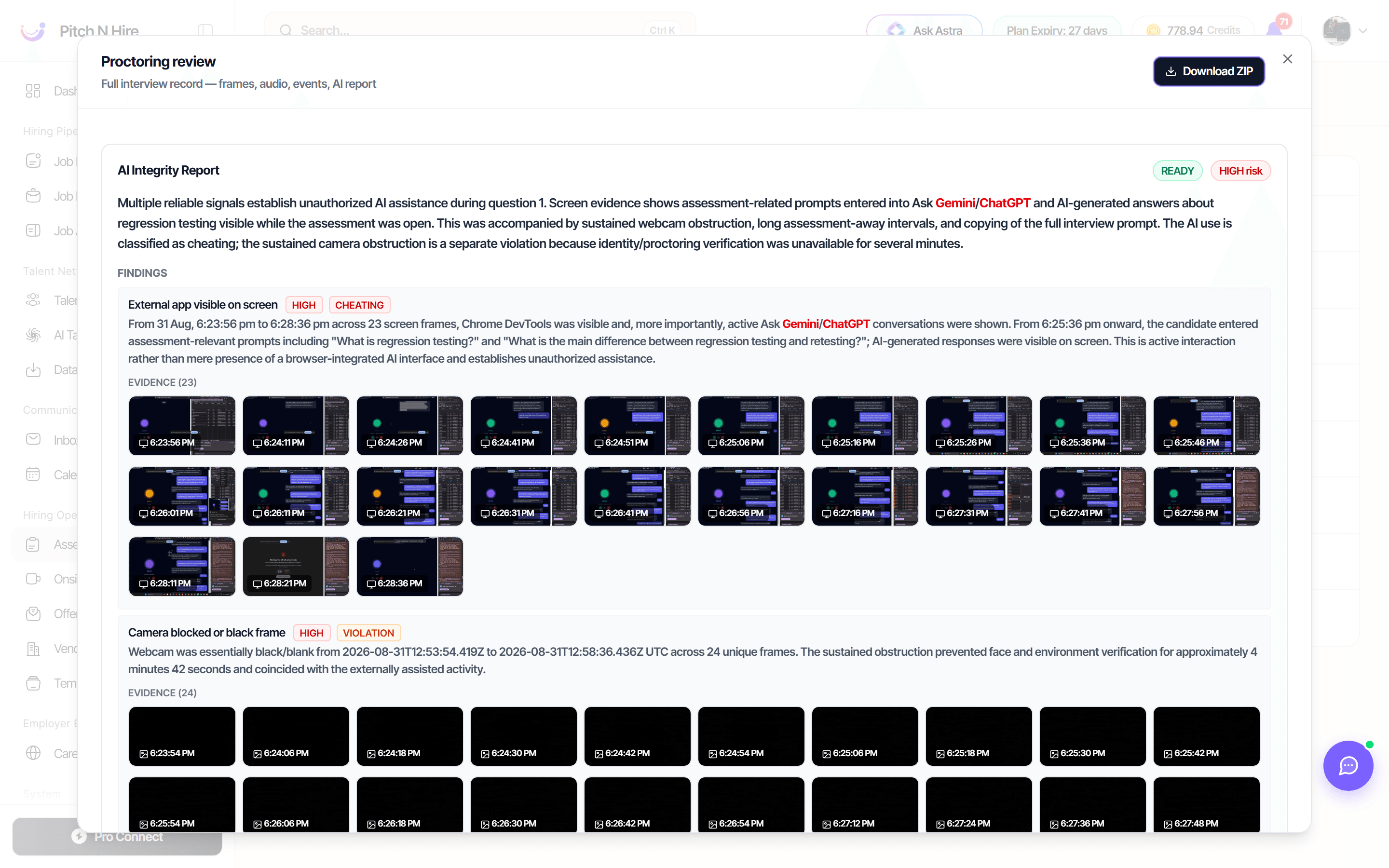 Proctoring review showing an AI Integrity Report marked high risk with findings for an external app visible on screen and a blocked camera, each with timestamped evidence frames