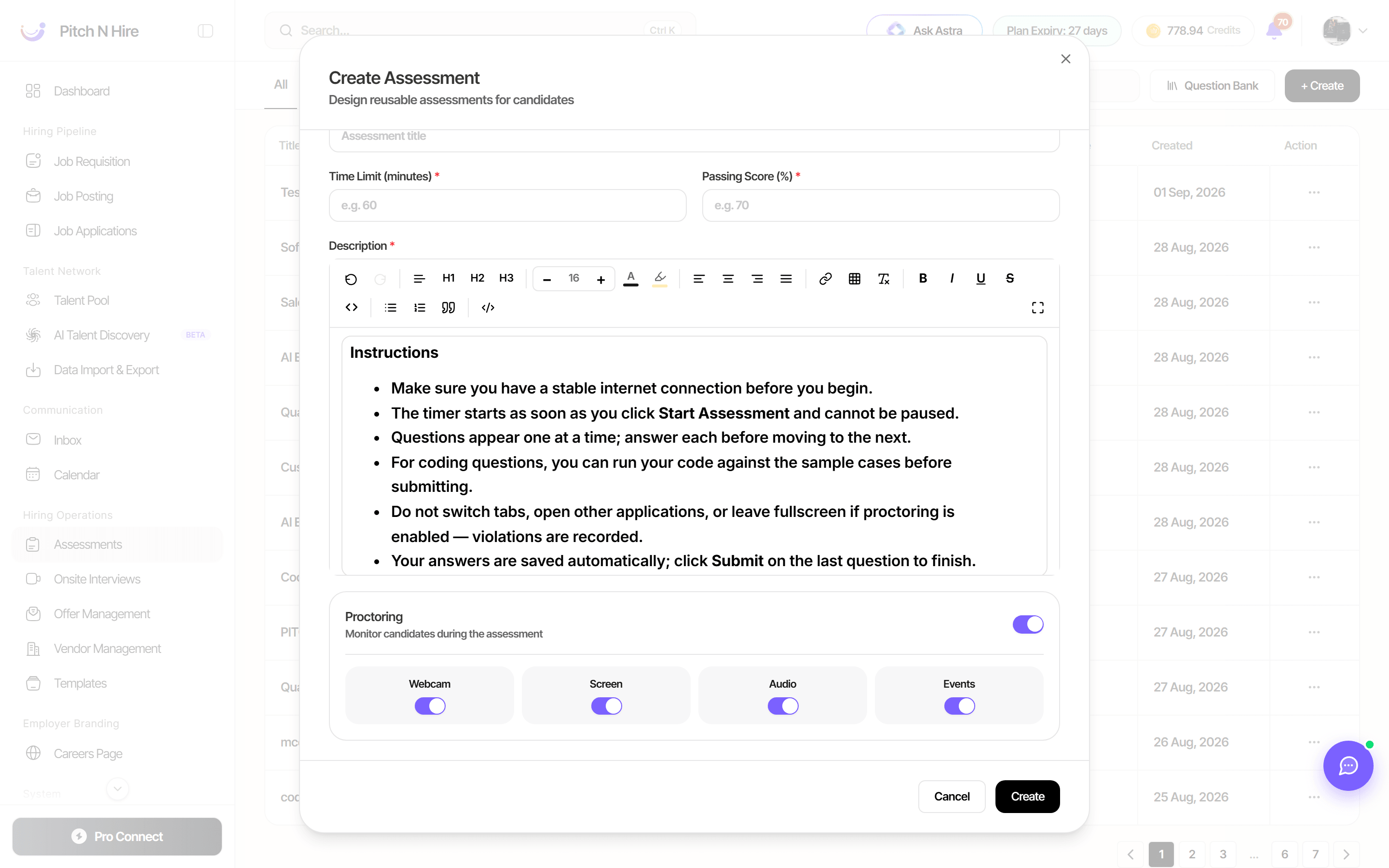 Assessment settings showing the Proctoring toggle switched on with independent webcam, screen, audio and events controls