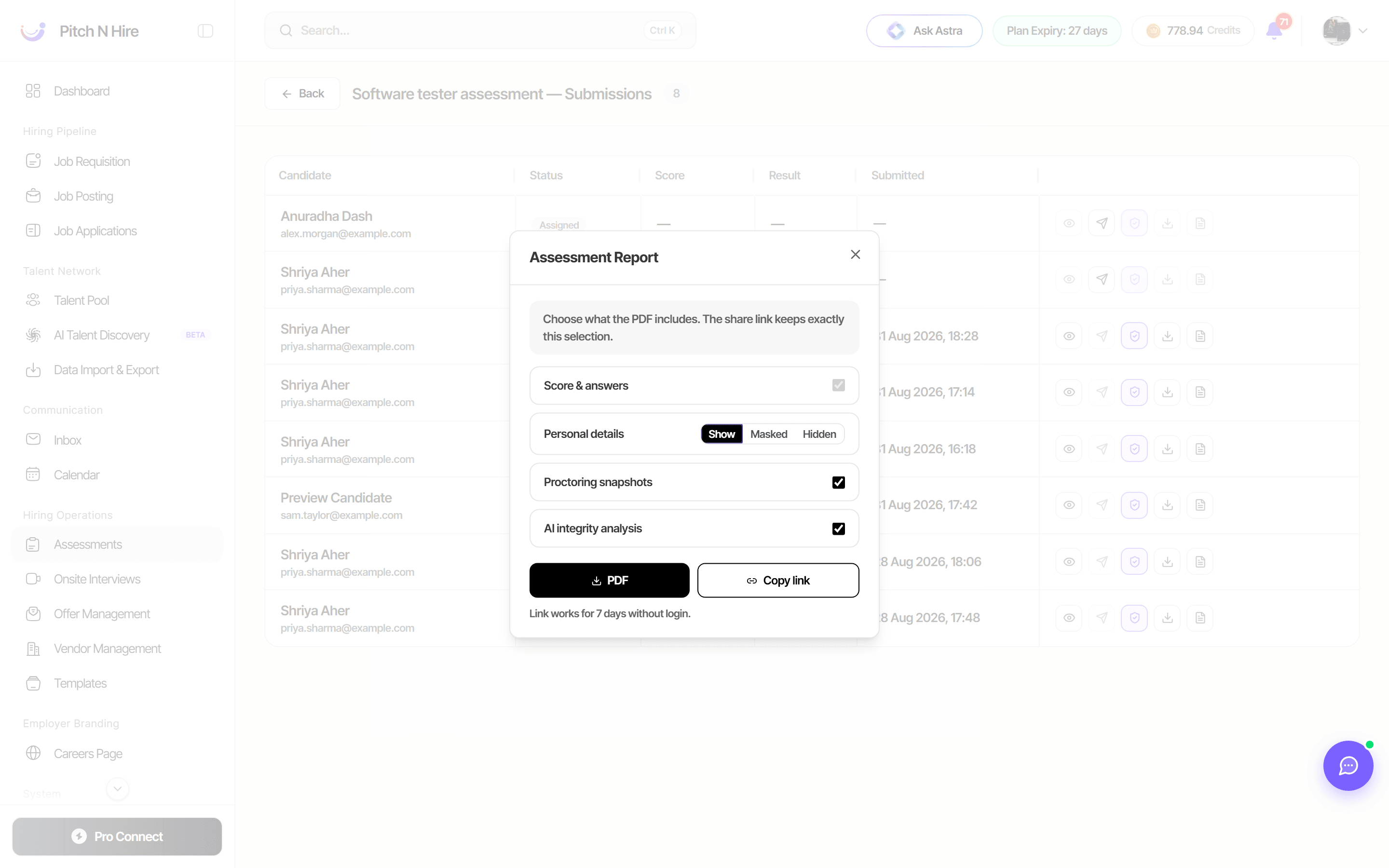 Assessment Report dialog with score and answers, personal details set to Show, Masked or Hidden, proctoring snapshots and AI integrity analysis options, and PDF and Copy link buttons