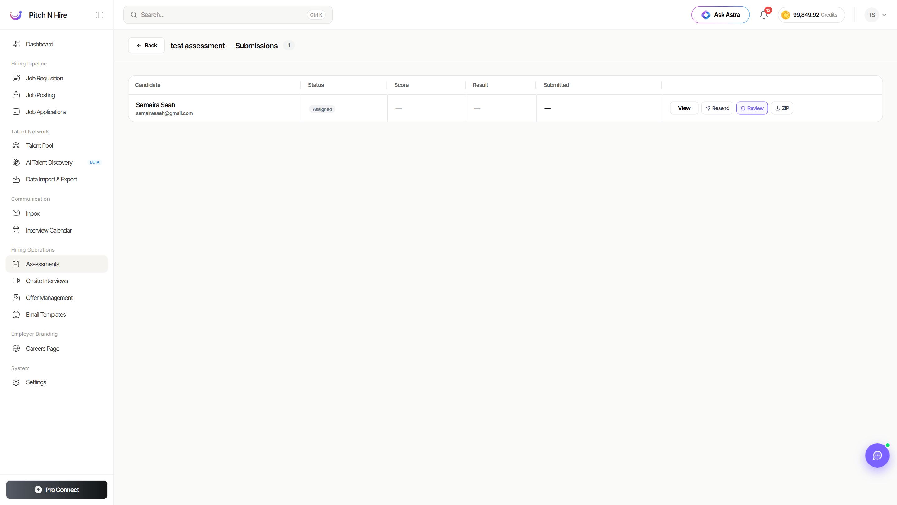 Assessment Submissions page listing a candidate with Status, Score, Result and Submitted columns and View, Resend, Review and ZIP actions