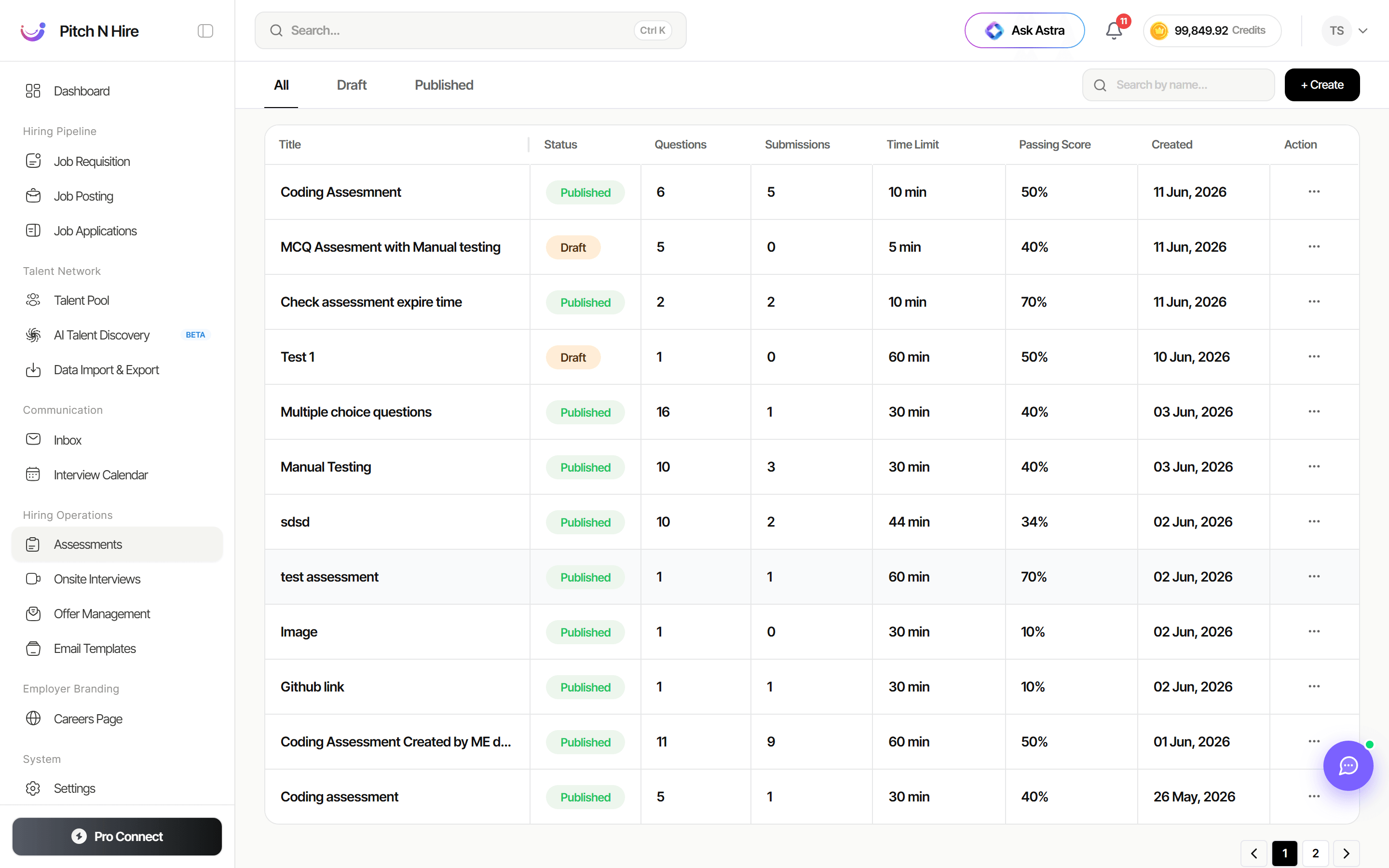 Pitch N Hire Assessments hub showing the assessment table with Title, Status, Questions, Submissions, Time Limit, Passing Score, and Created columns