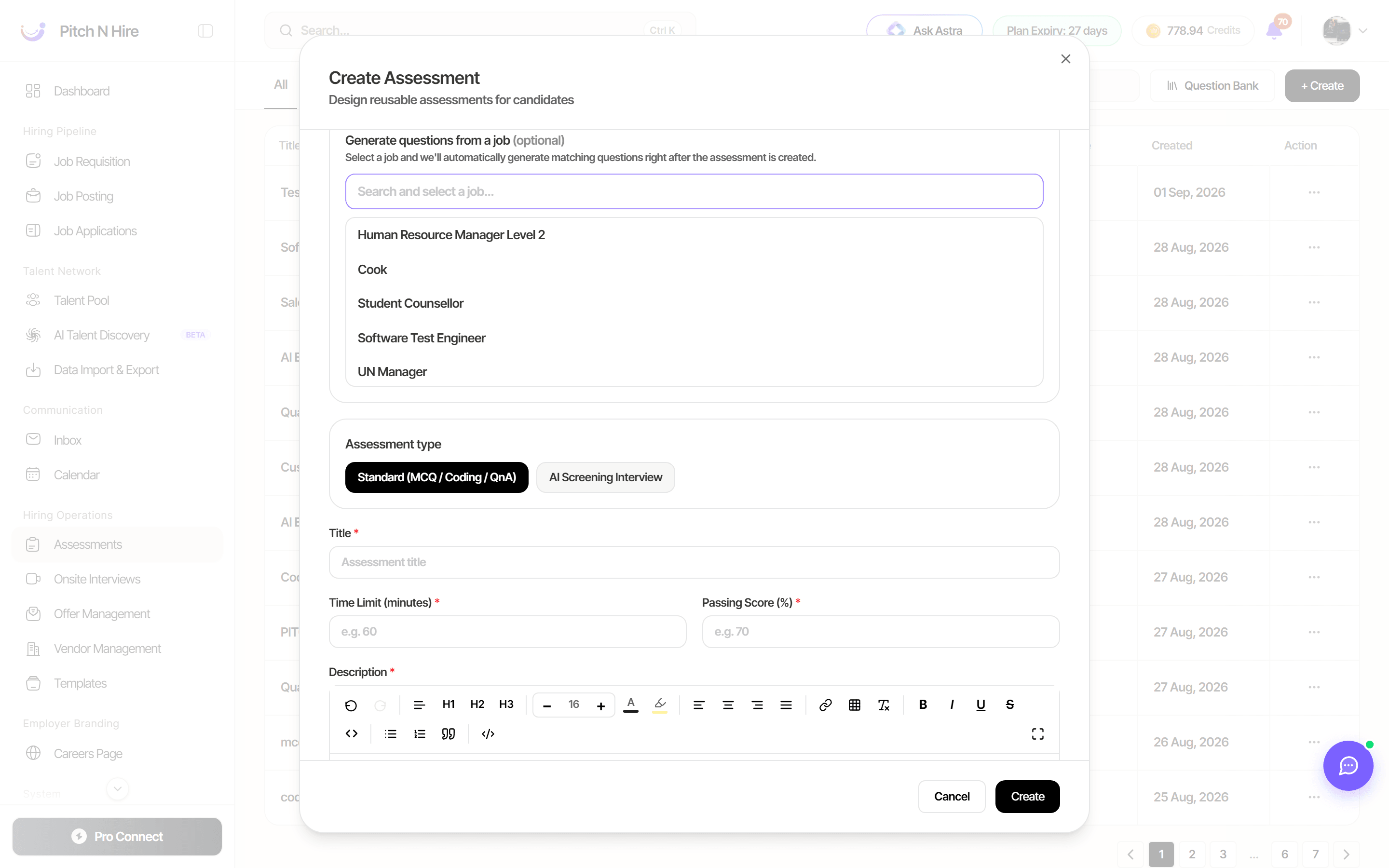 Create Assessment dialog showing the Generate questions from a job selector and the Standard and AI Screening Interview assessment type options