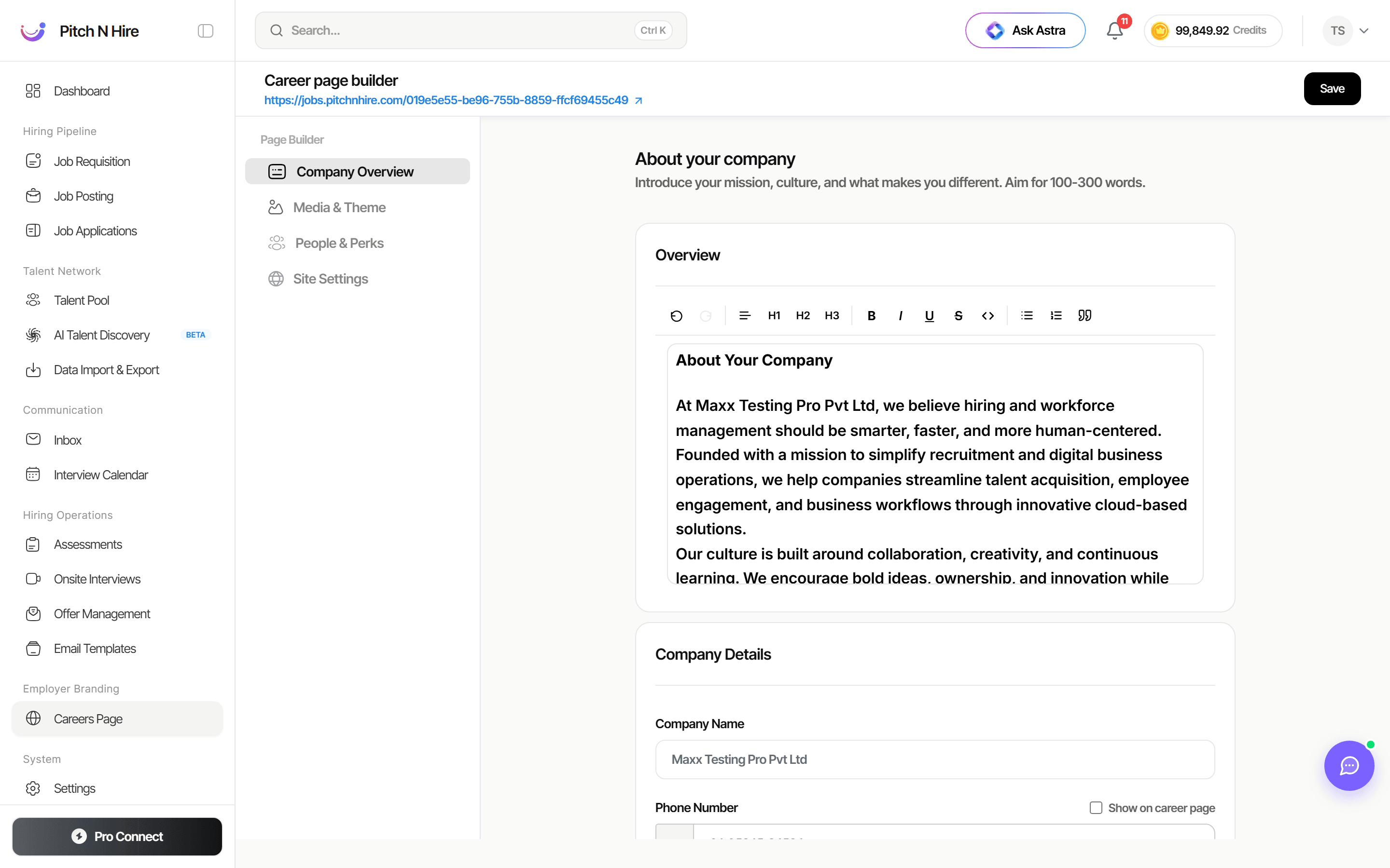 Company Overview editor with an Overview rich-text block and Company Details fields