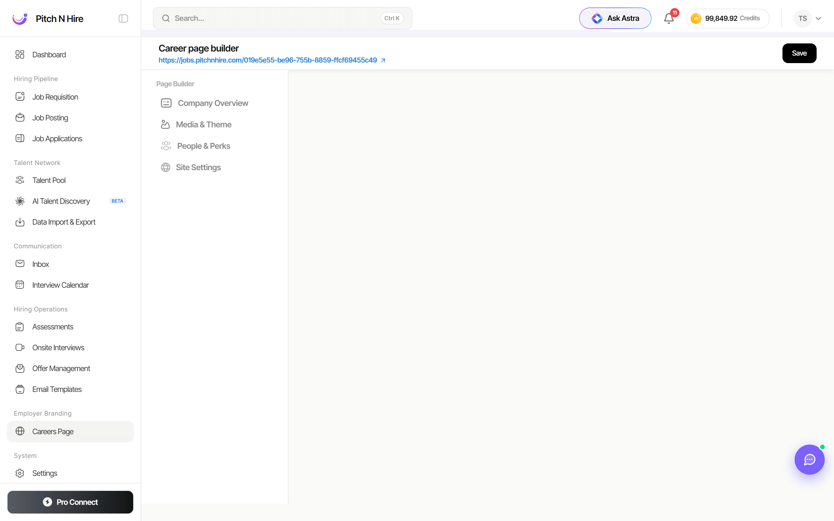 Careers Page builder with the Page Builder panel showing Company Overview, Media & Theme, People & Perks, and Site Settings