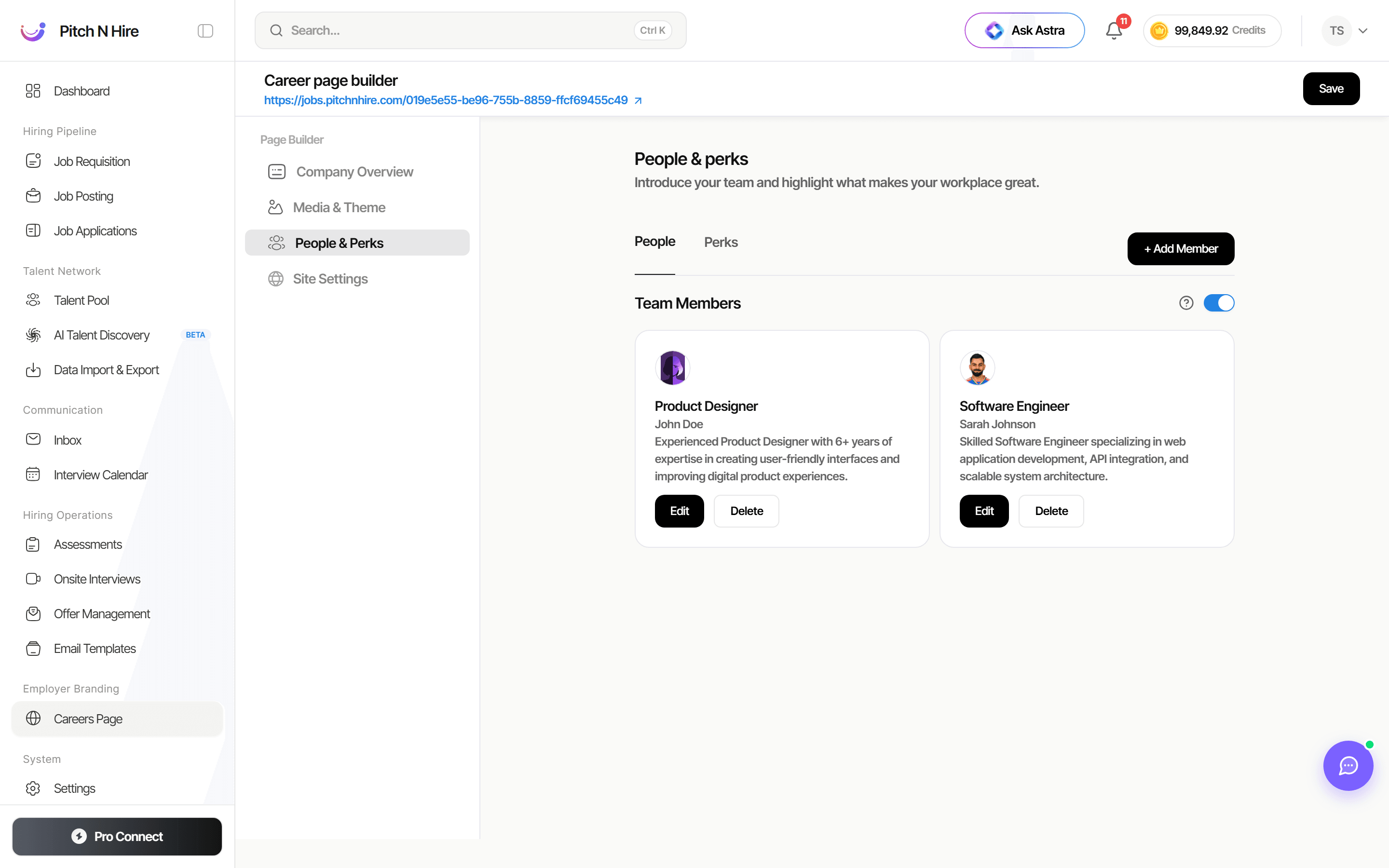 People & Perks showing Team Members cards with Edit and Delete actions and an Add Member button
