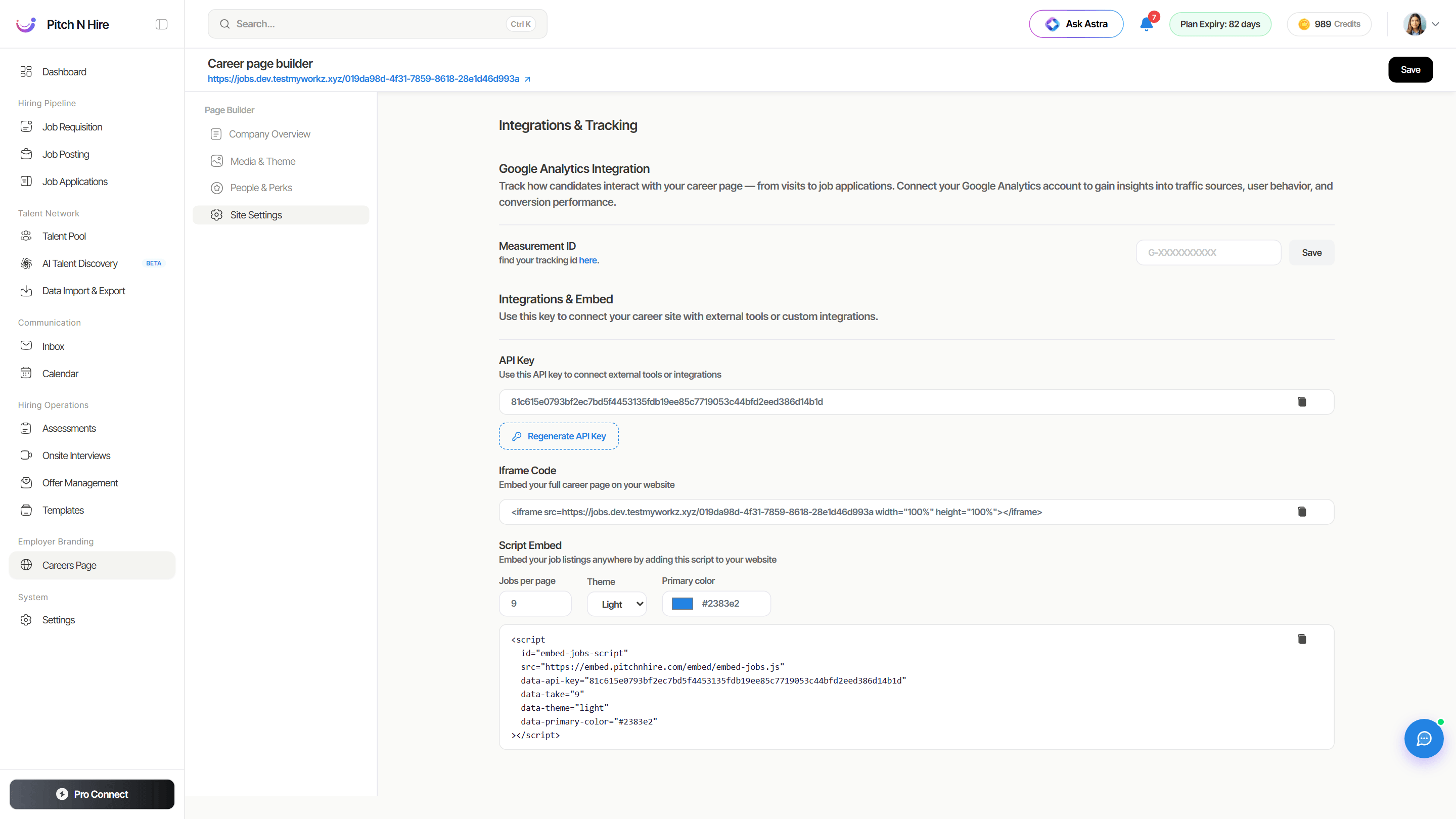 Career page builder Site Settings tab showing Google Analytics Integration with a Measurement ID, an API Key with Regenerate, Iframe Code, and a Script Embed snippet with jobs-per-page, theme and primary-color controls