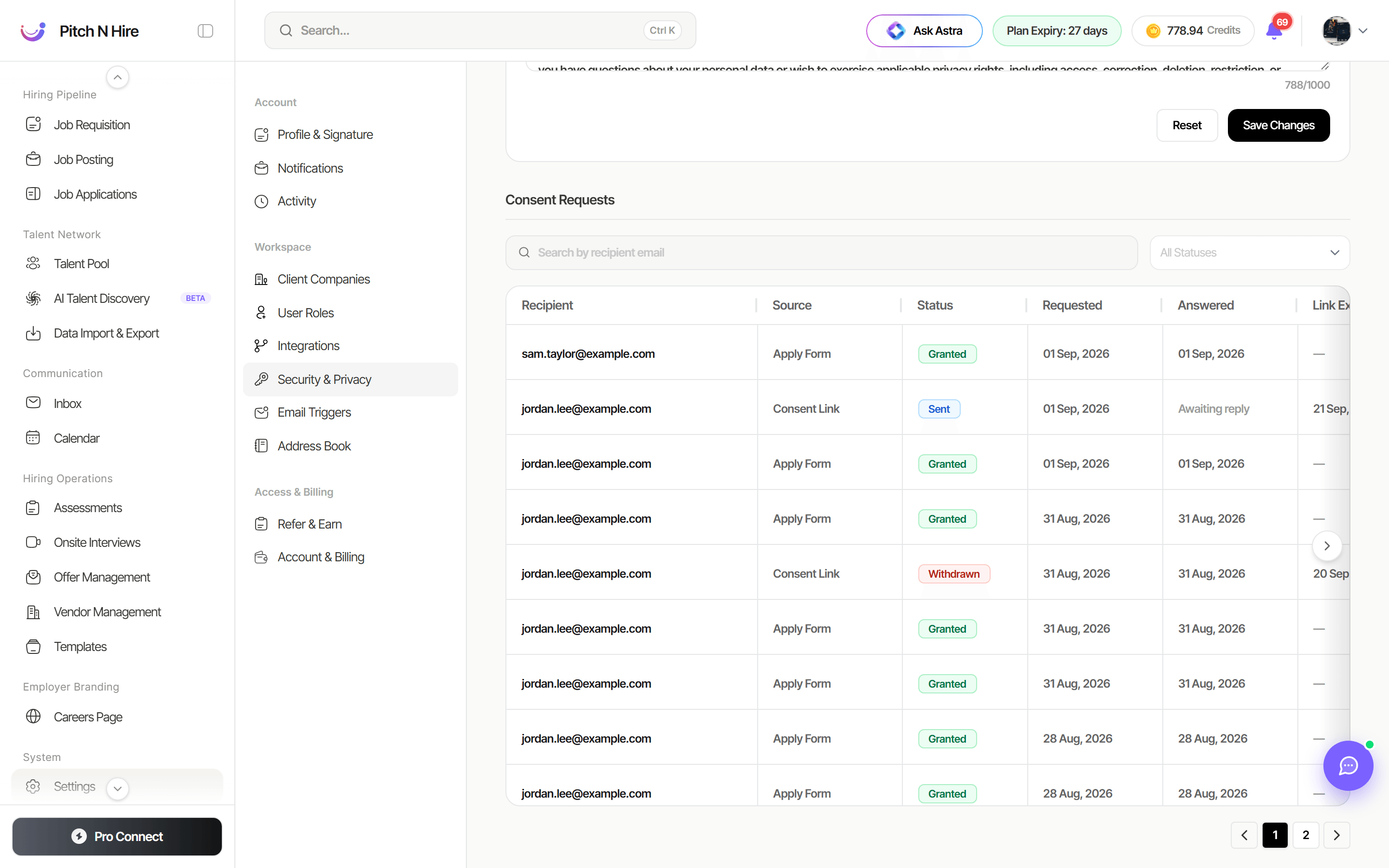 Consent Requests table listing recipients with the request source, status, requested and answered dates and link expiry, above a search box and status filter