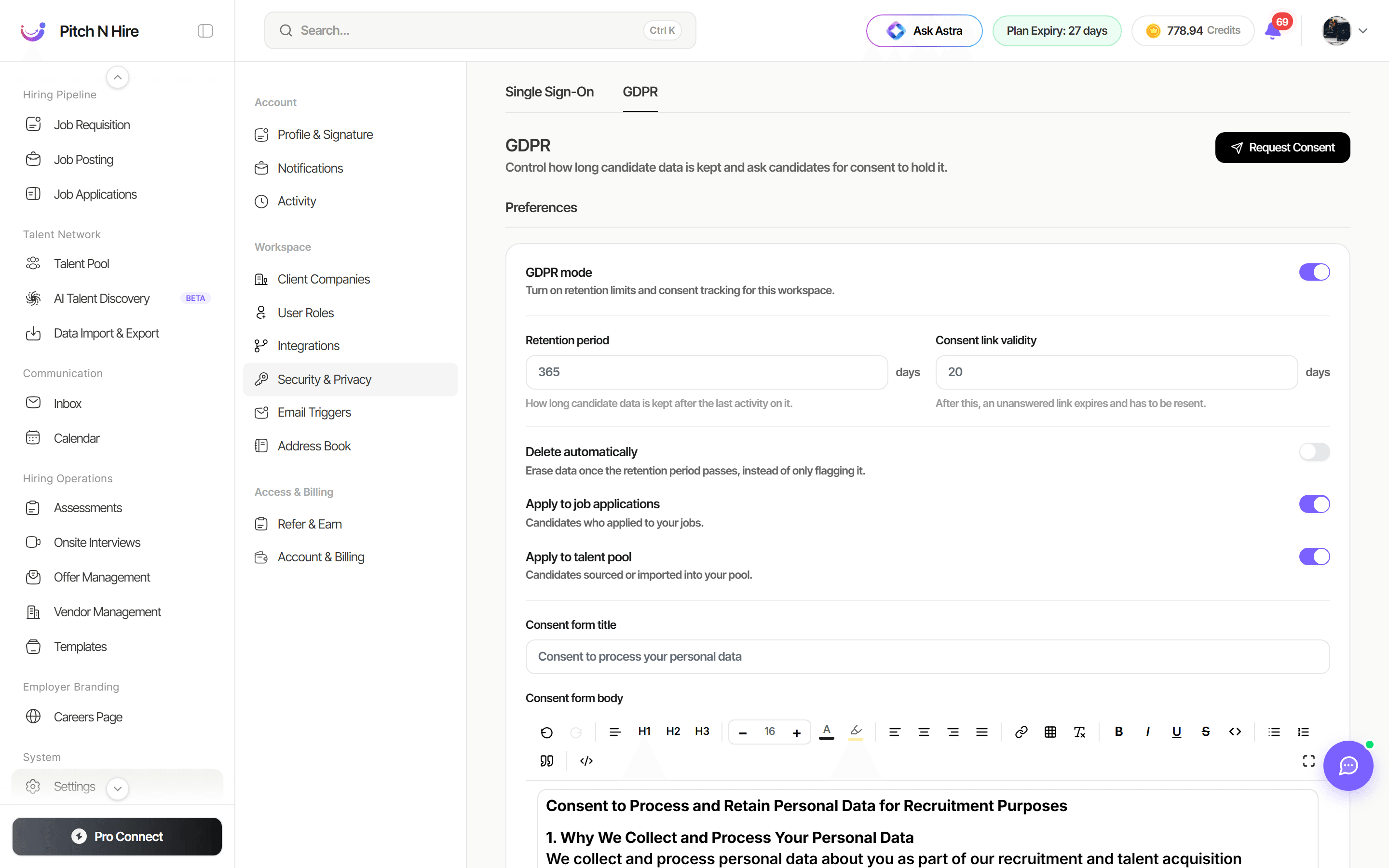 GDPR settings showing the GDPR mode toggle, retention period and consent link validity fields, and toggles for automatic deletion, job applications and the talent pool