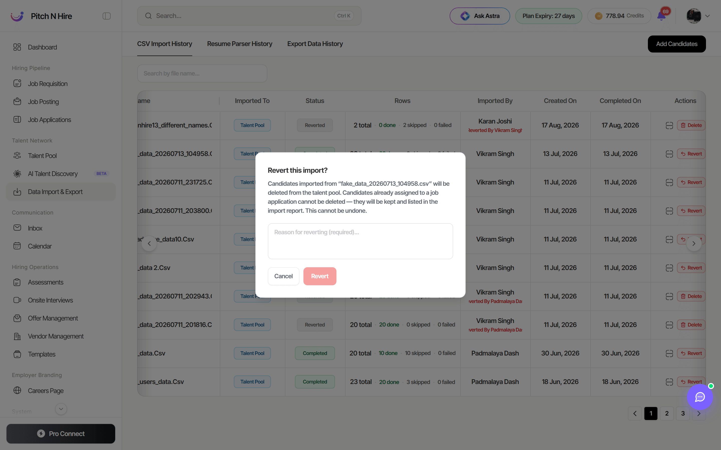Revert this import dialog explaining that imported candidates will be deleted while those on a job application are kept, with a required reason field