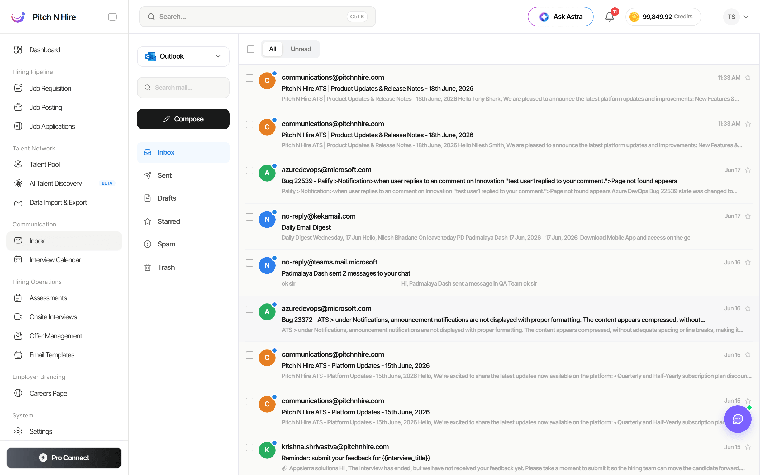 Pitch N Hire Inbox showing the connected Outlook account, Compose button, mail folders, and a list of messages