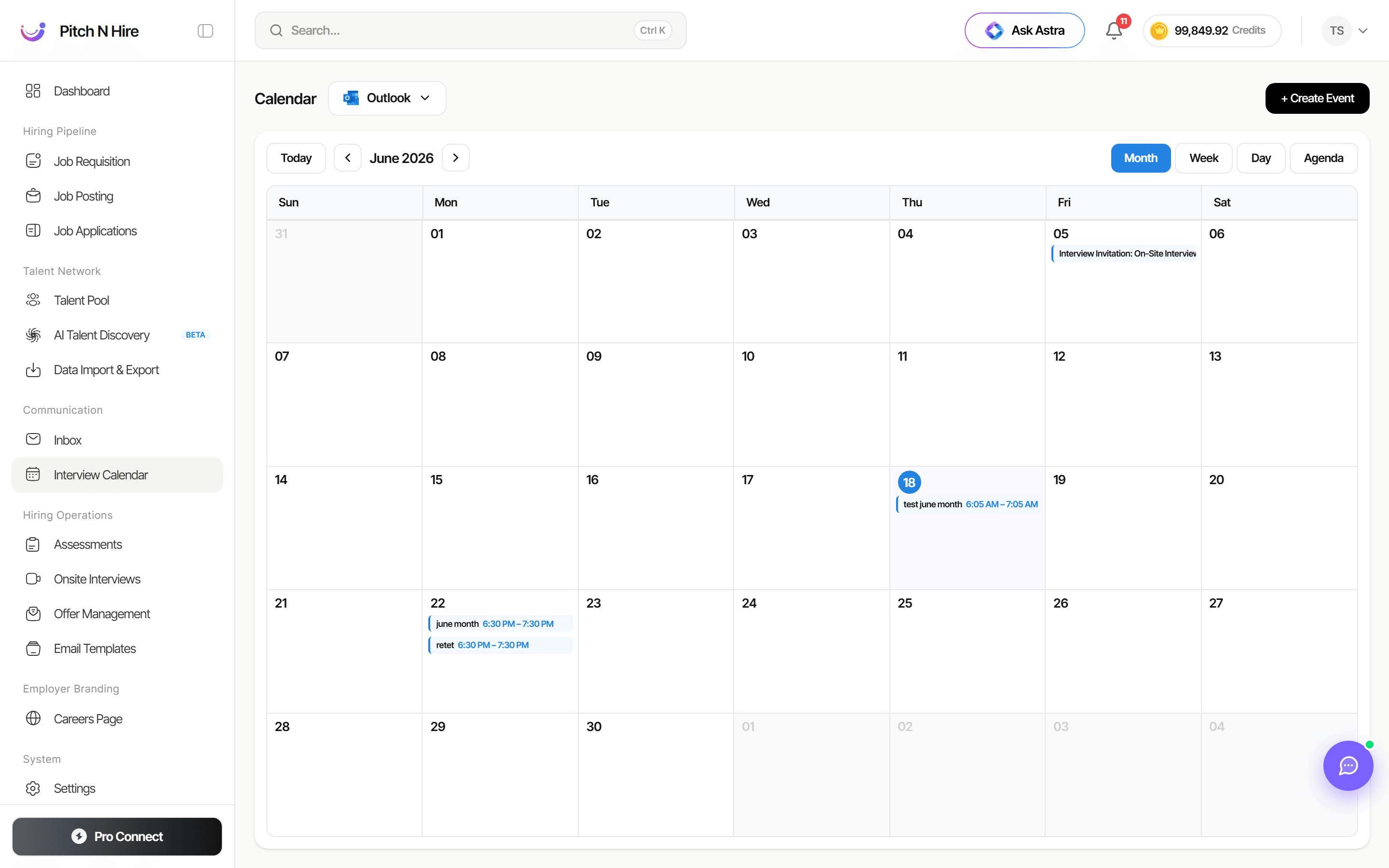 Pitch N Hire Interview Calendar in month view with Outlook connected, scheduled interview events, and Month/Week/Day/Agenda view controls