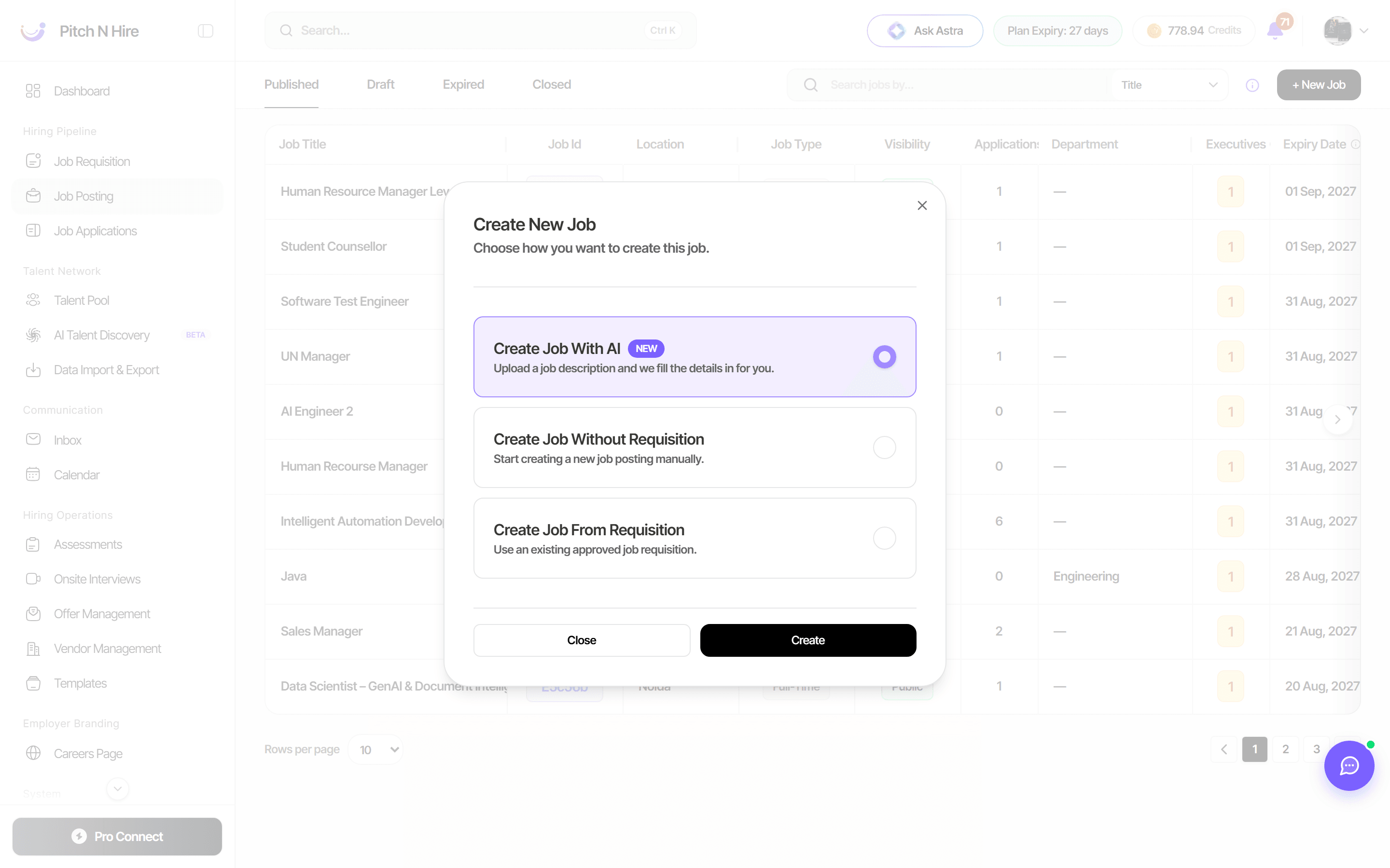Create New Job dialog offering Create Job With AI, Create Job Without Requisition and Create Job From Requisition