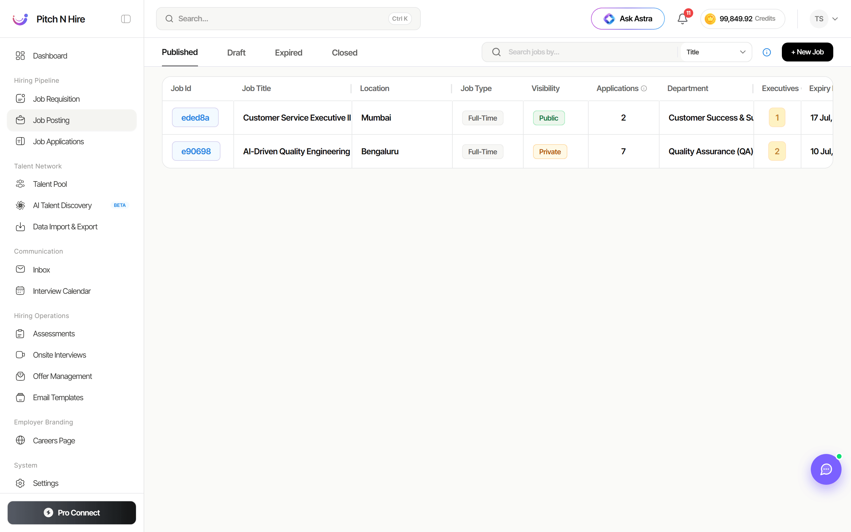 Job Posting list on the Published tab showing Job Id, Job Title, Location, Job Type, Visibility, Applications, Department and Executives columns