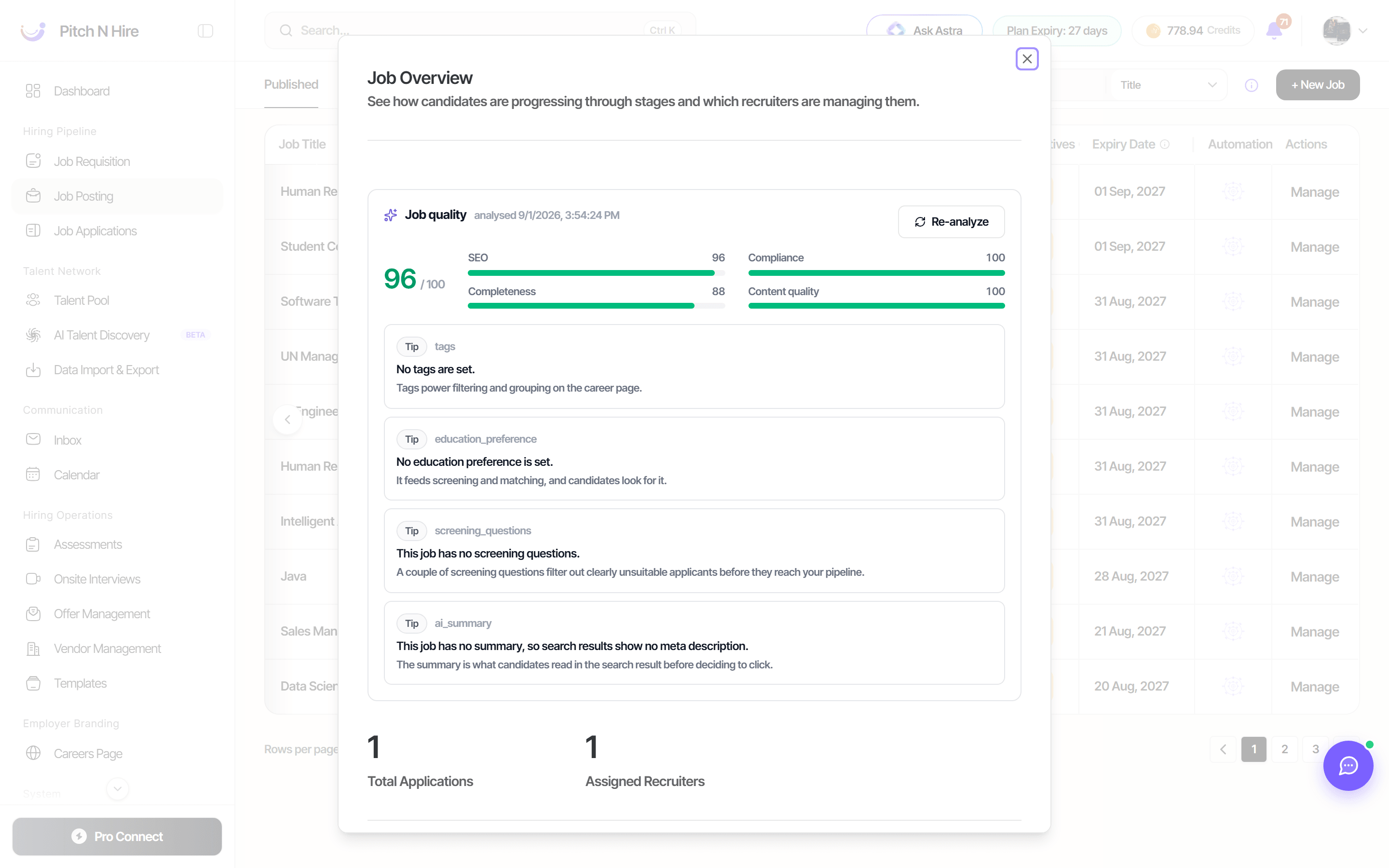 Job Overview modal showing the Job quality card scoring 96 out of 100 with SEO, compliance, completeness and content quality bars and a list of tips such as no tags set and no screening questions