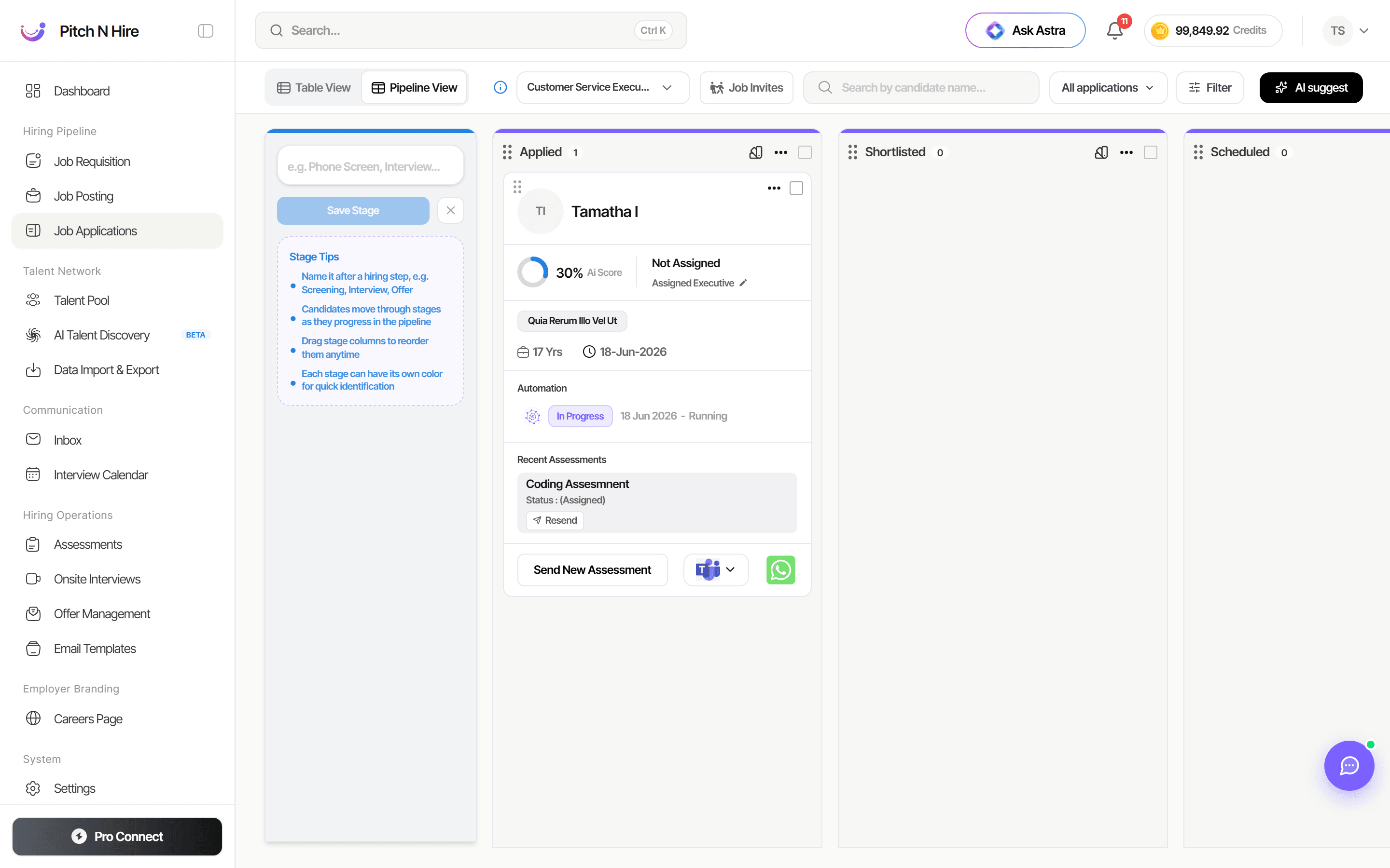 Add New Stage form with a stage-name field, Save Stage button and Stage Tips guidance