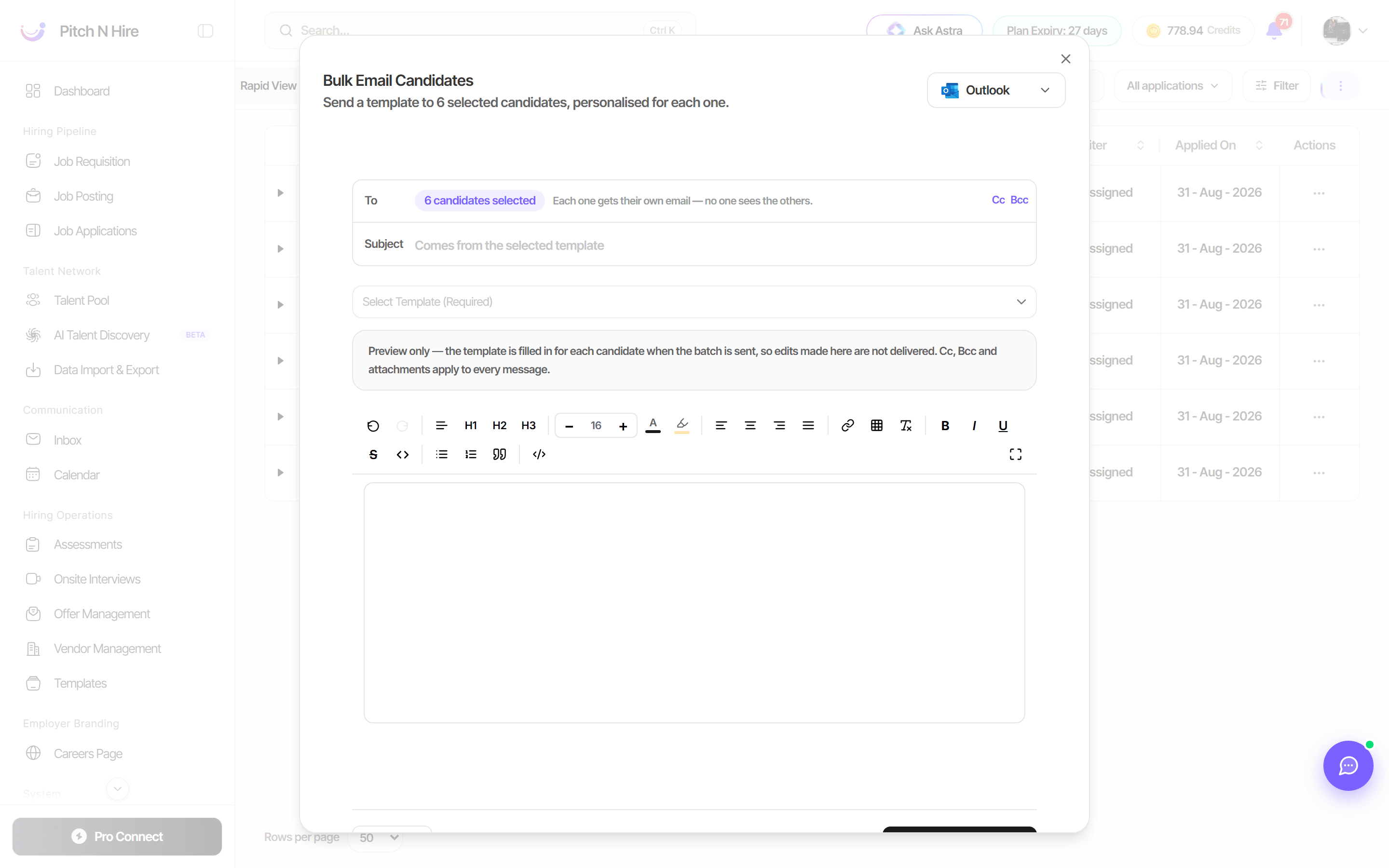 Bulk Email Candidates dialog showing the recipient count, a Select Template required field and a preview-only body with Cc, Bcc and attachment options