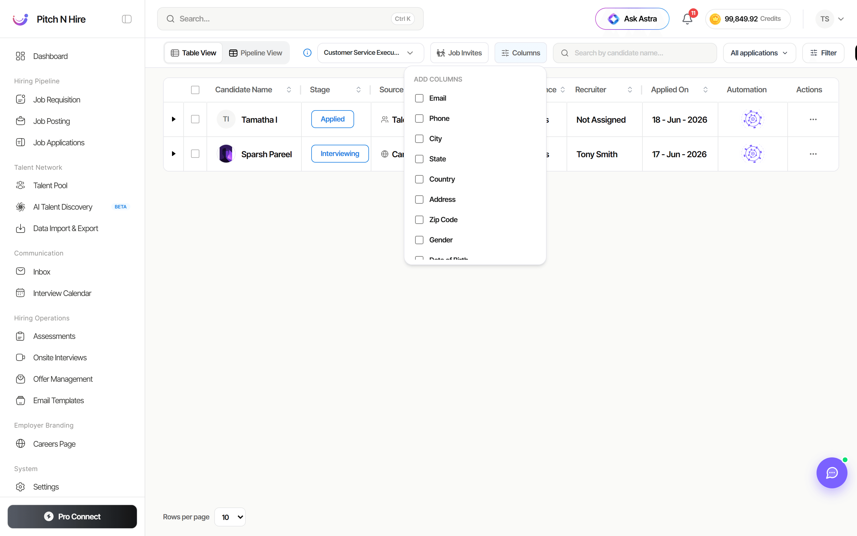 Add Columns dropdown listing optional candidate columns: Email, Phone, City, State, Country, Address, Zip Code, Gender and Date of Birth