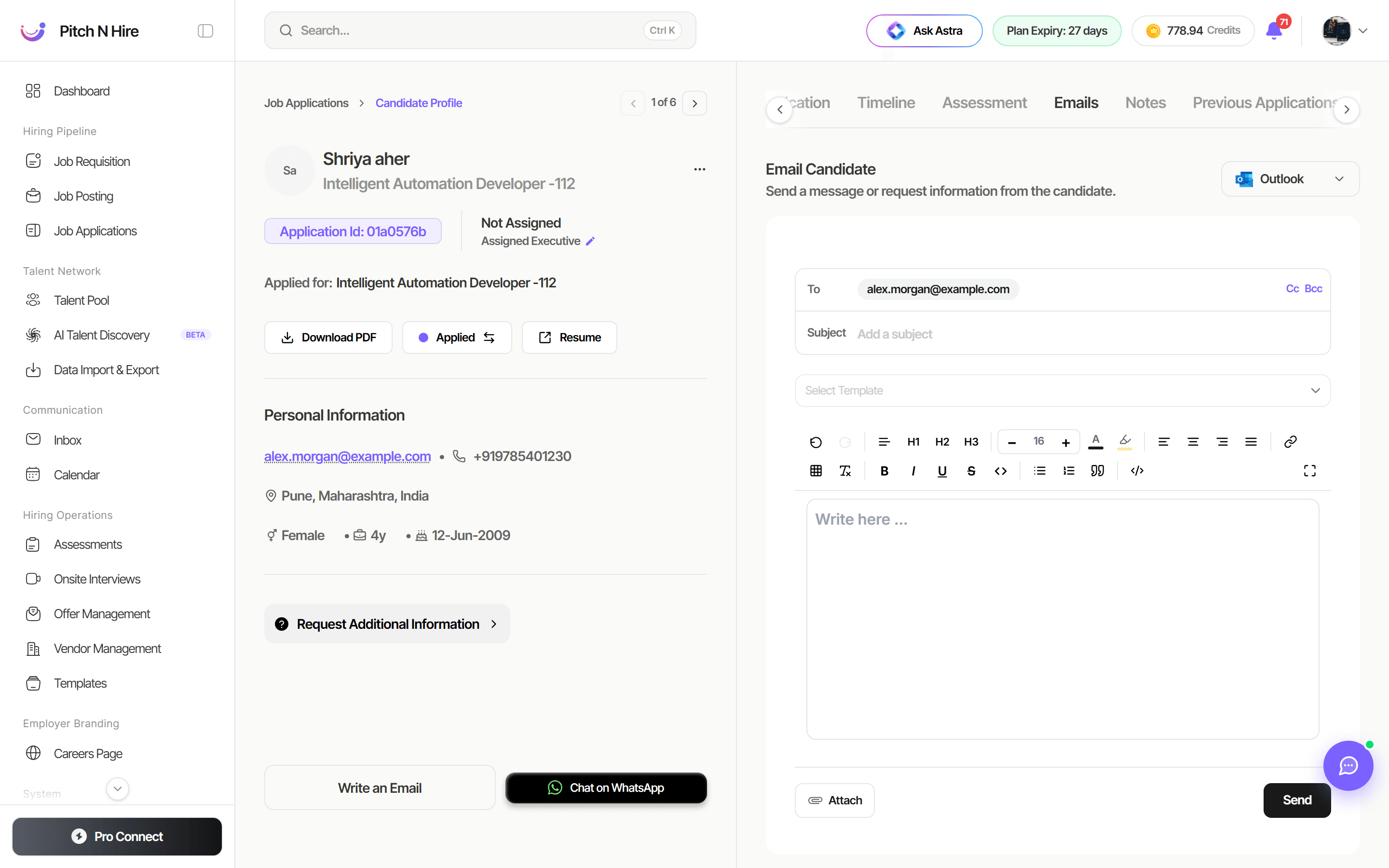 Emails tab on a candidate profile showing the Email Candidate composer with To, Cc and Bcc, a subject line, a Select Template dropdown, a rich-text body, Attach and Send