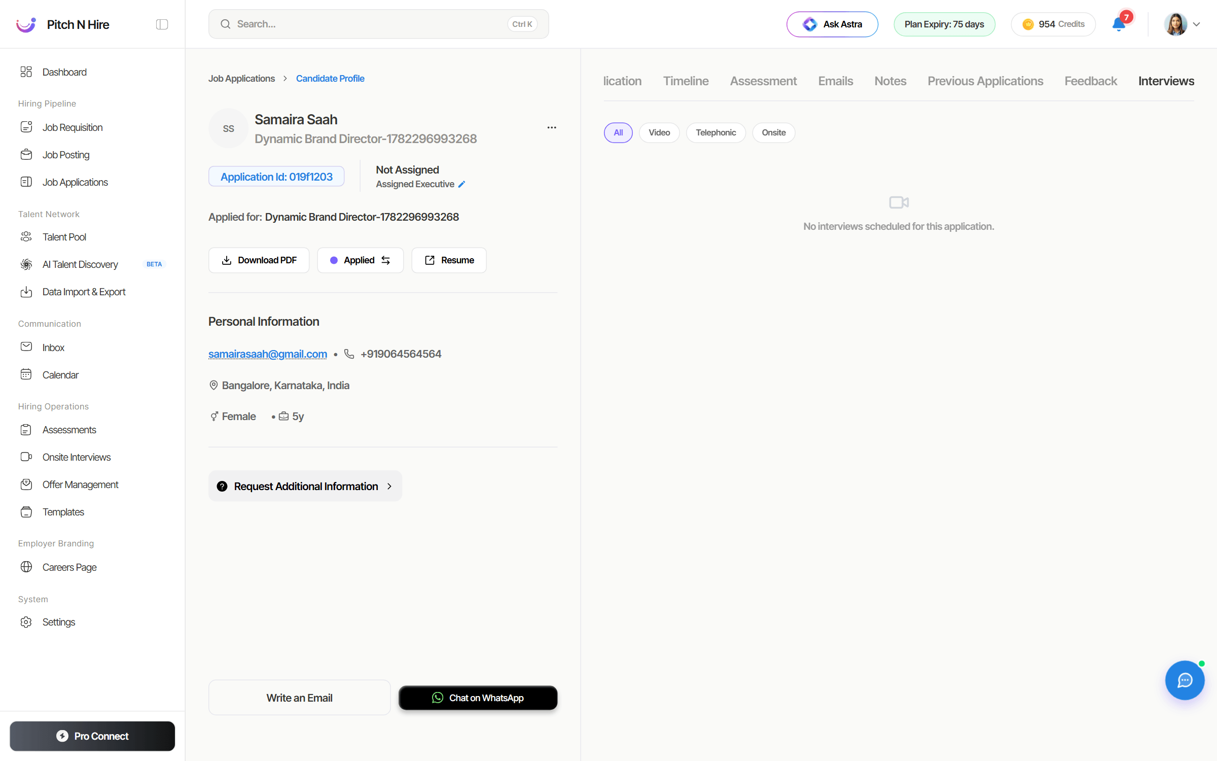 Candidate profile Interviews tab with All, Video, Telephonic and Onsite filters and an empty state reading No interviews scheduled for this application