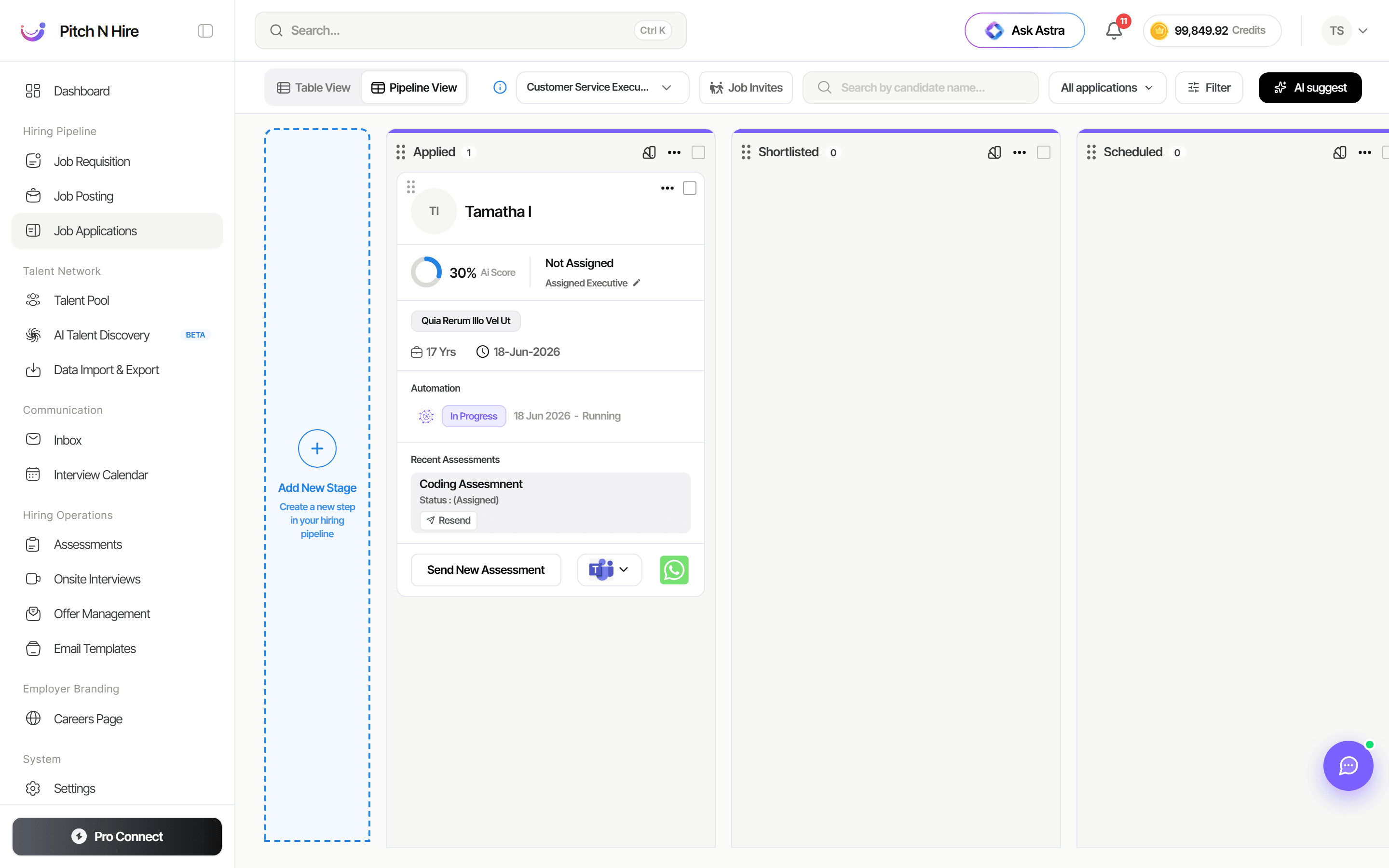 Job Applications Pipeline View showing Applied, Shortlisted and Scheduled stage columns with a candidate card and an Add New Stage column