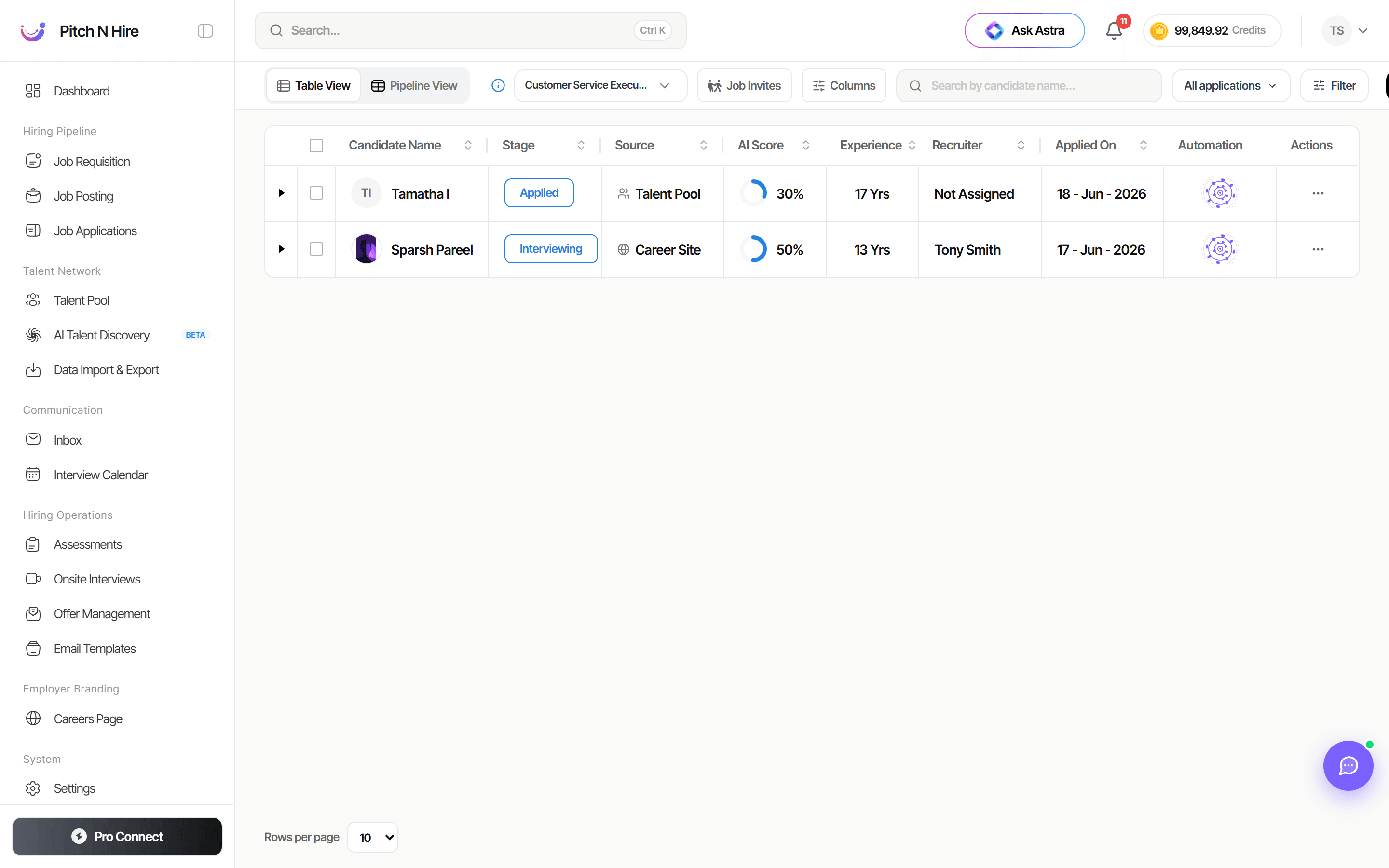 Job Applications Table View listing candidates with Stage, Source, AI Score, Experience, Recruiter, Applied On and Automation columns
