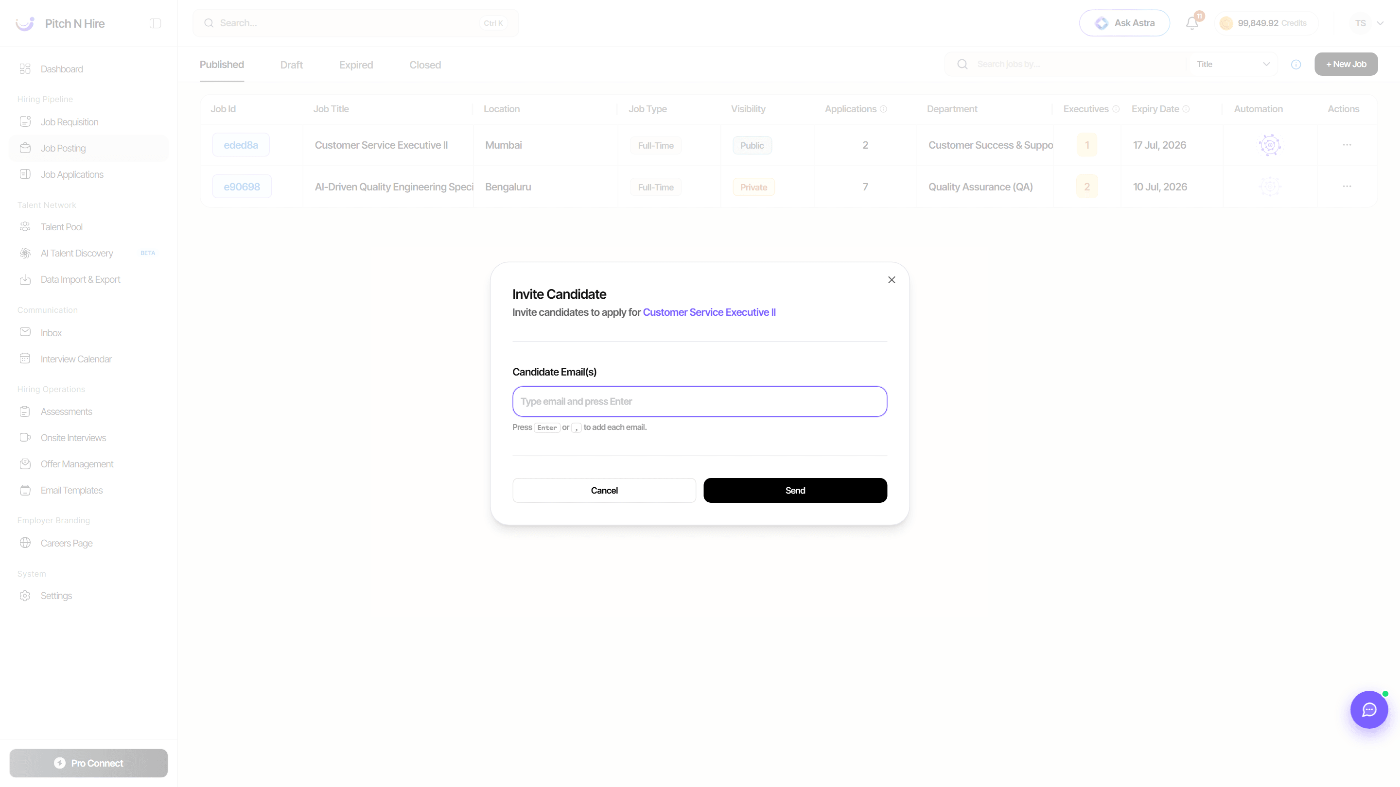 Invite Candidate modal with a candidate email field and a Send button