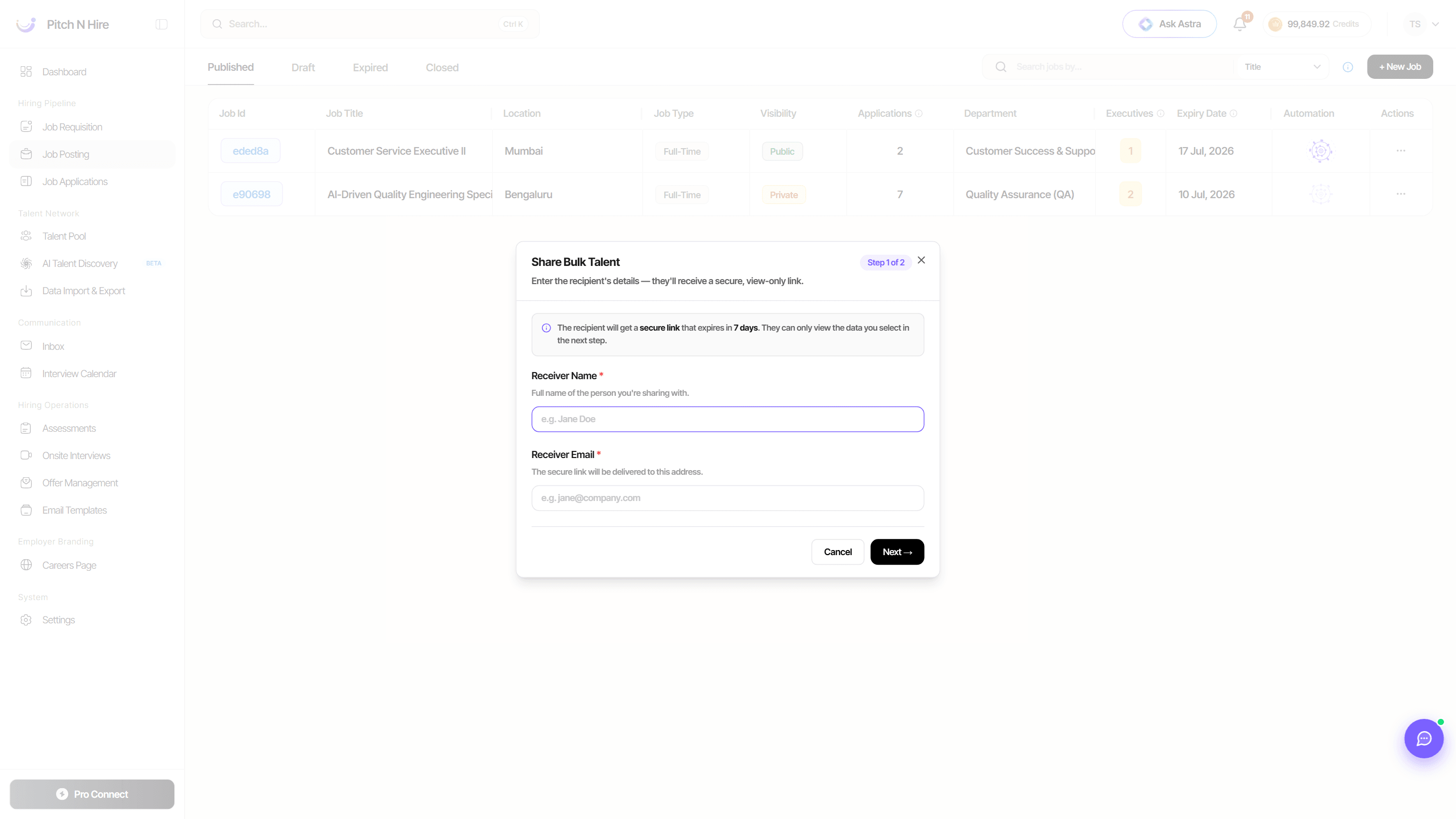 Share Bulk Talent modal step 1 with Receiver Name and Receiver Email fields and a note about a secure 7-day view-only link