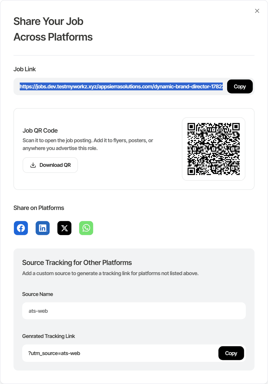 Share Your Job Across Platforms modal showing the job link, a downloadable Job QR Code, Facebook/LinkedIn/X/WhatsApp share buttons, and a source-tracking UTM link generator