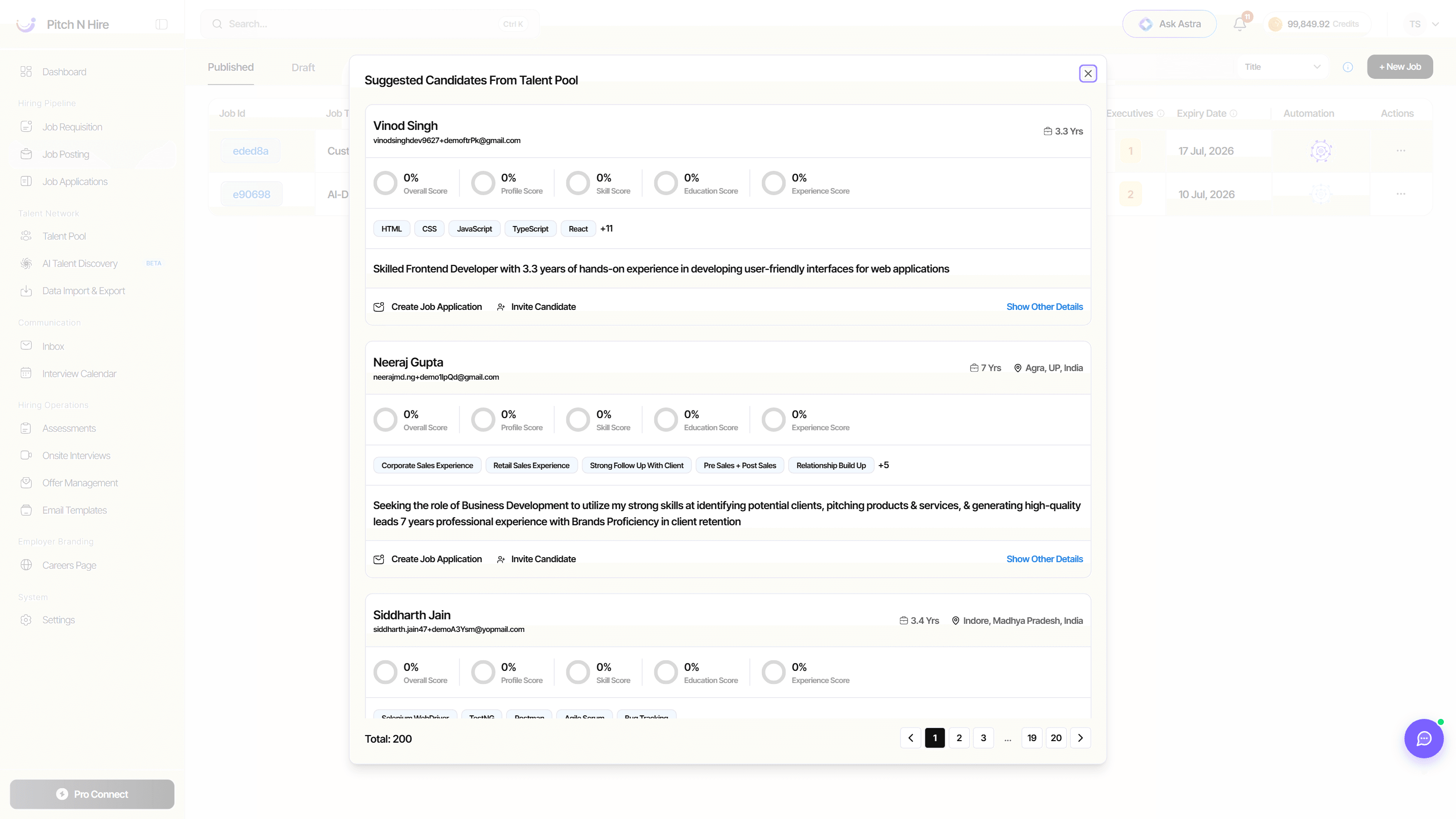 Suggested Candidates From Talent Pool modal showing candidates with overall, profile, skill, education and experience scores and Create Job Application / Invite Candidate actions