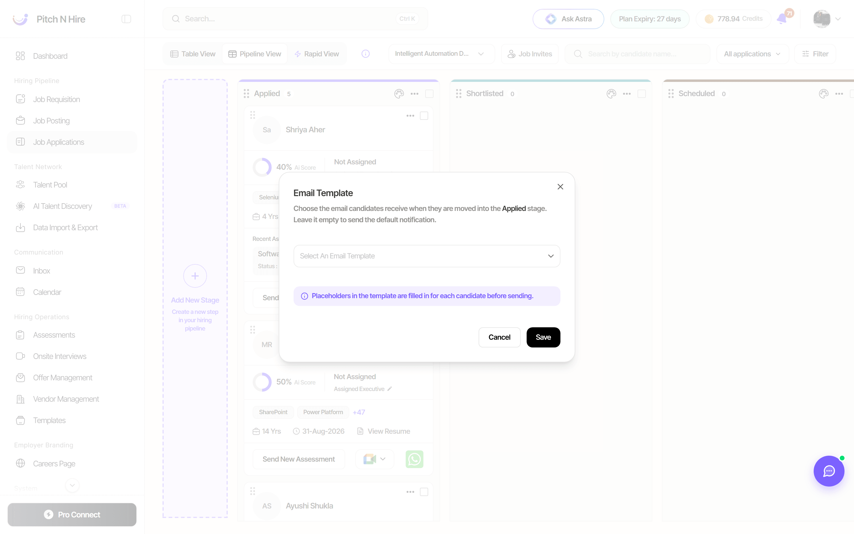 Email Template dialog for a pipeline stage explaining that it chooses the email candidates receive when moved into the Applied stage, with a Select An Email Template field