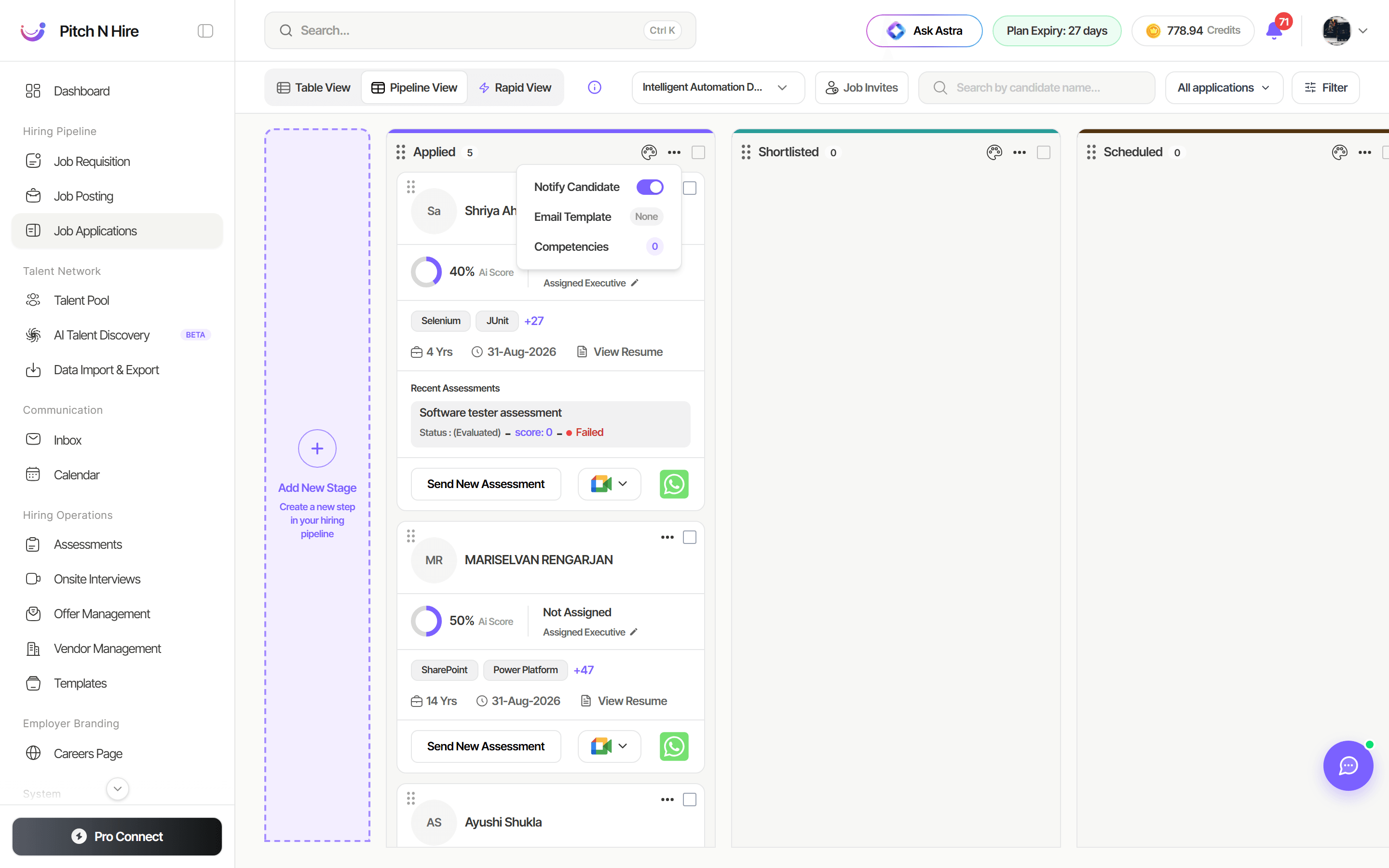 Pipeline stage menu showing a Notify Candidate toggle, an Email Template entry reading None, and Competencies