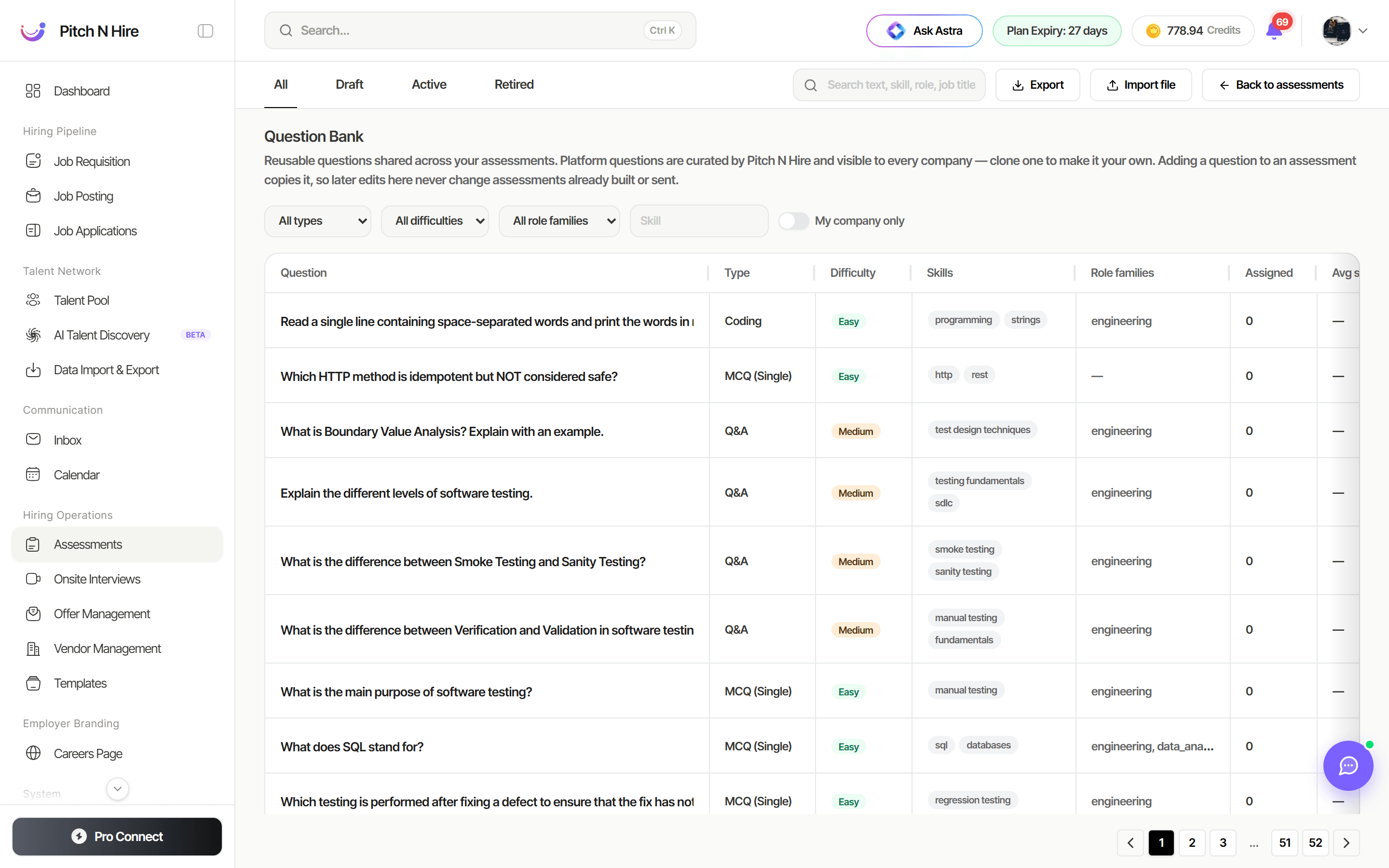 Question Bank page listing reusable questions with their type, difficulty, skills, role families, usage count and average score
