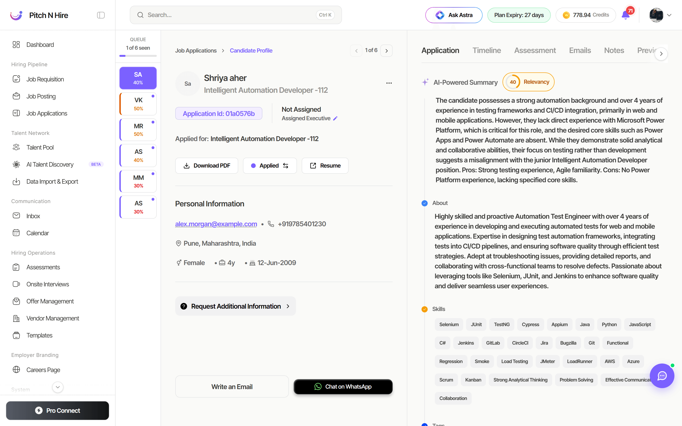 Rapid View reviewing a single candidate with a queue rail on the left showing every other applicant, their AI relevancy score and a seen counter