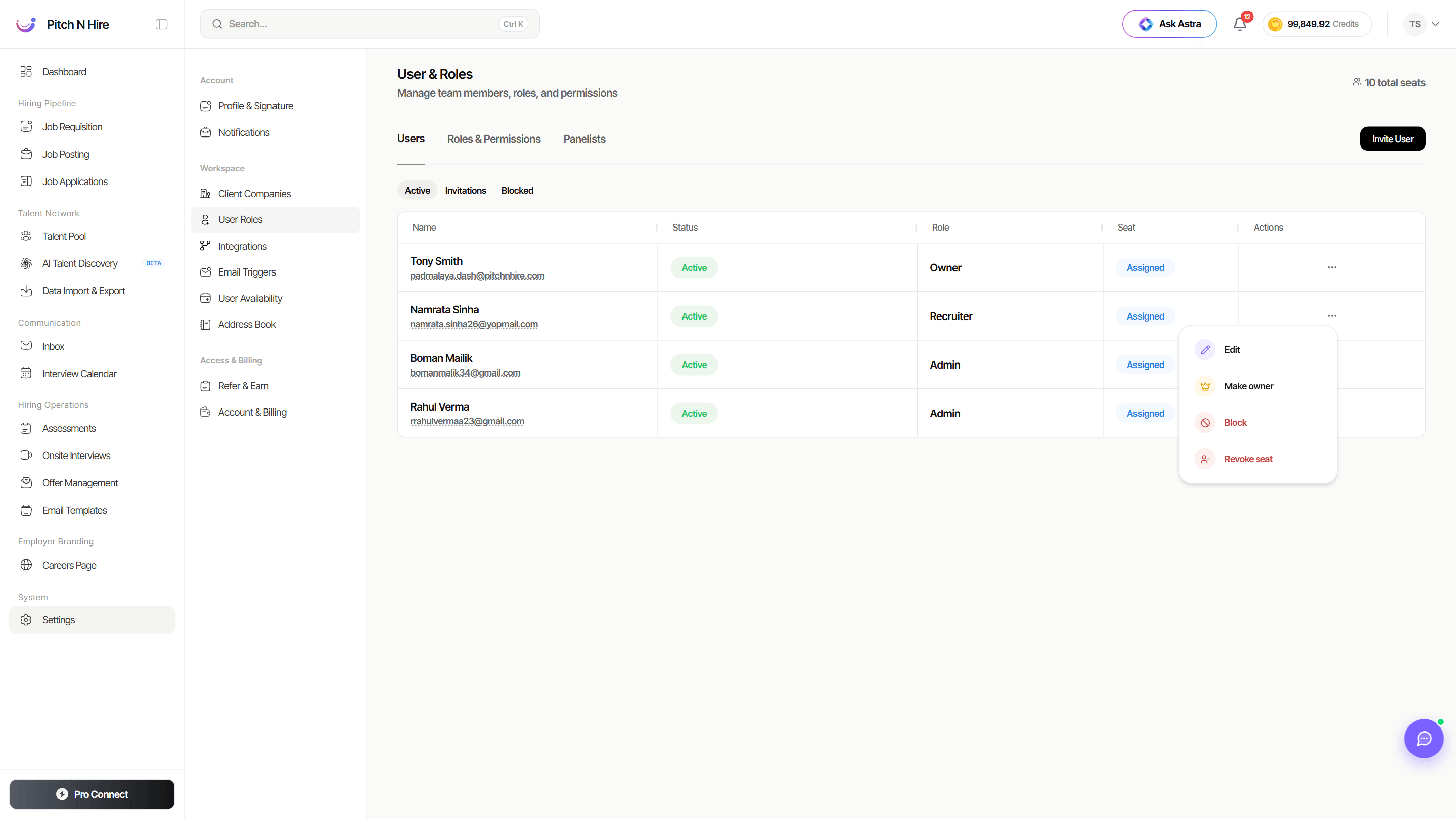User row actions menu with Edit, Make owner, Block and Revoke seat options
