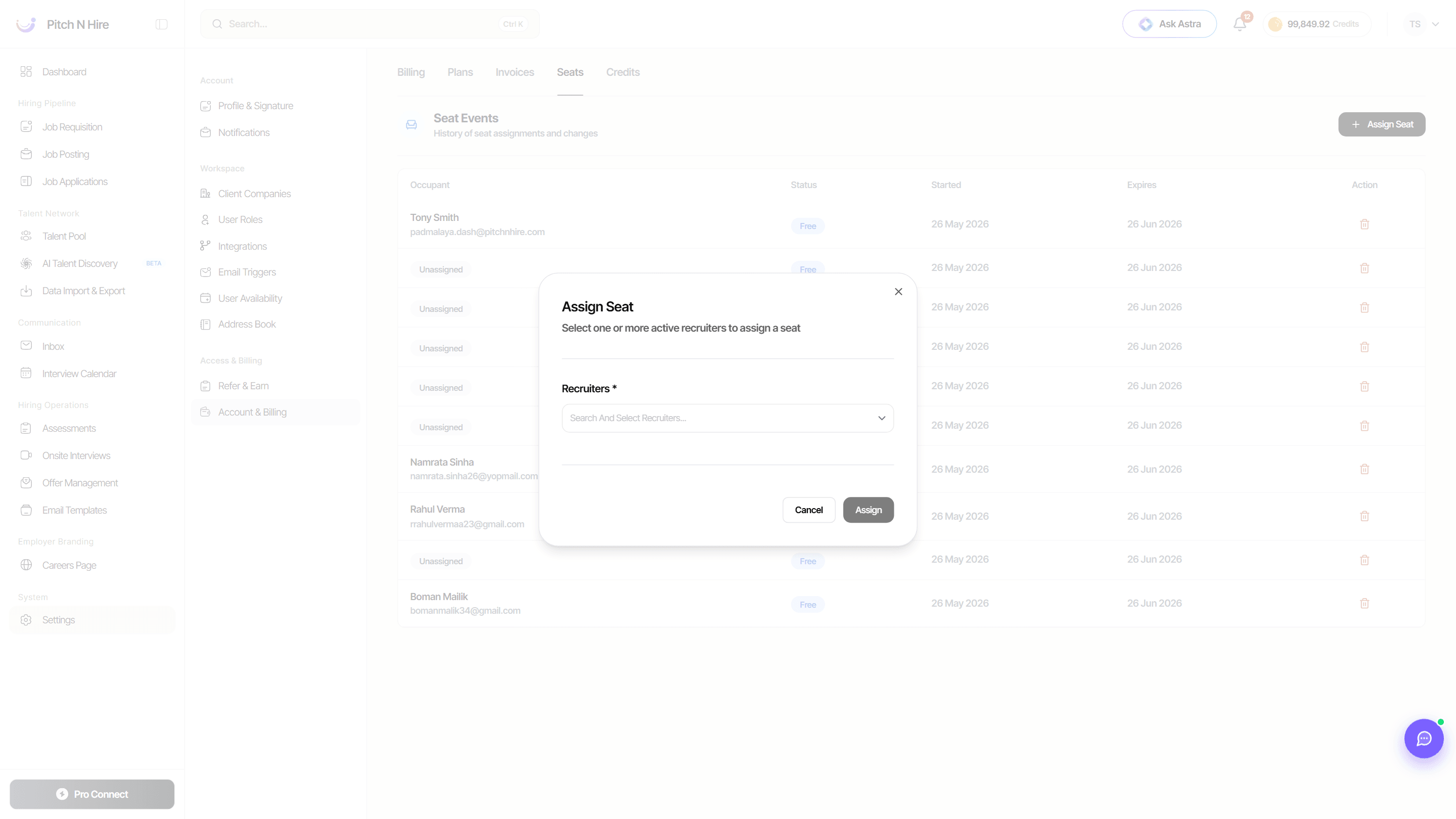 Assign Seat dialog prompting you to select one or more active recruiters to assign a seat