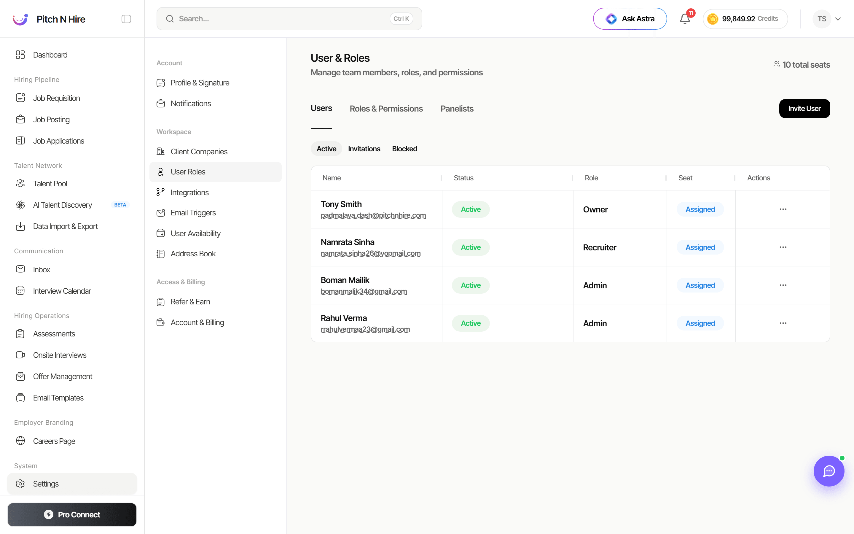 User & Roles screen showing the Users tab with active members, their status, role, seat and actions