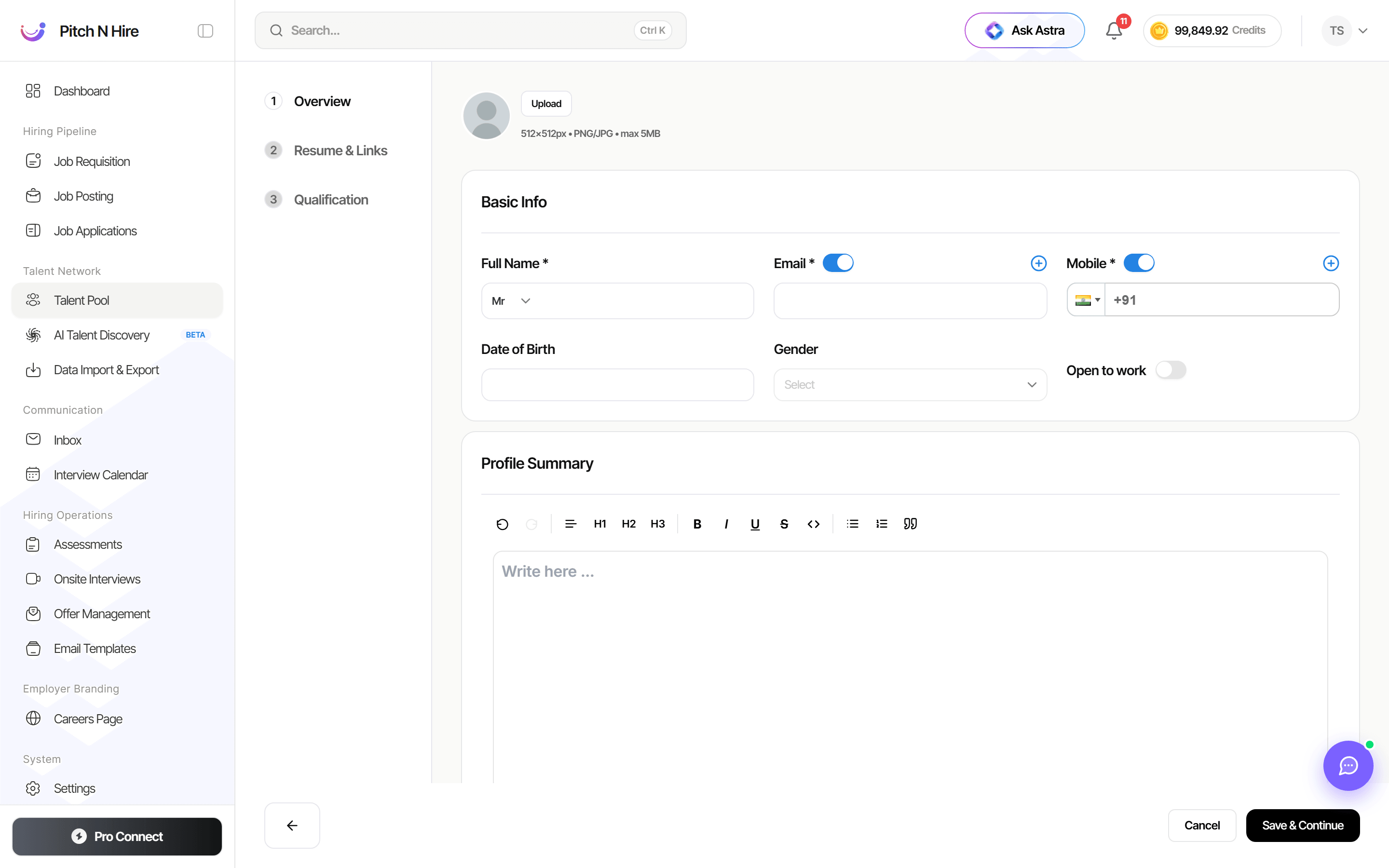 Add candidate Overview step with Basic Info and Profile Summary fields