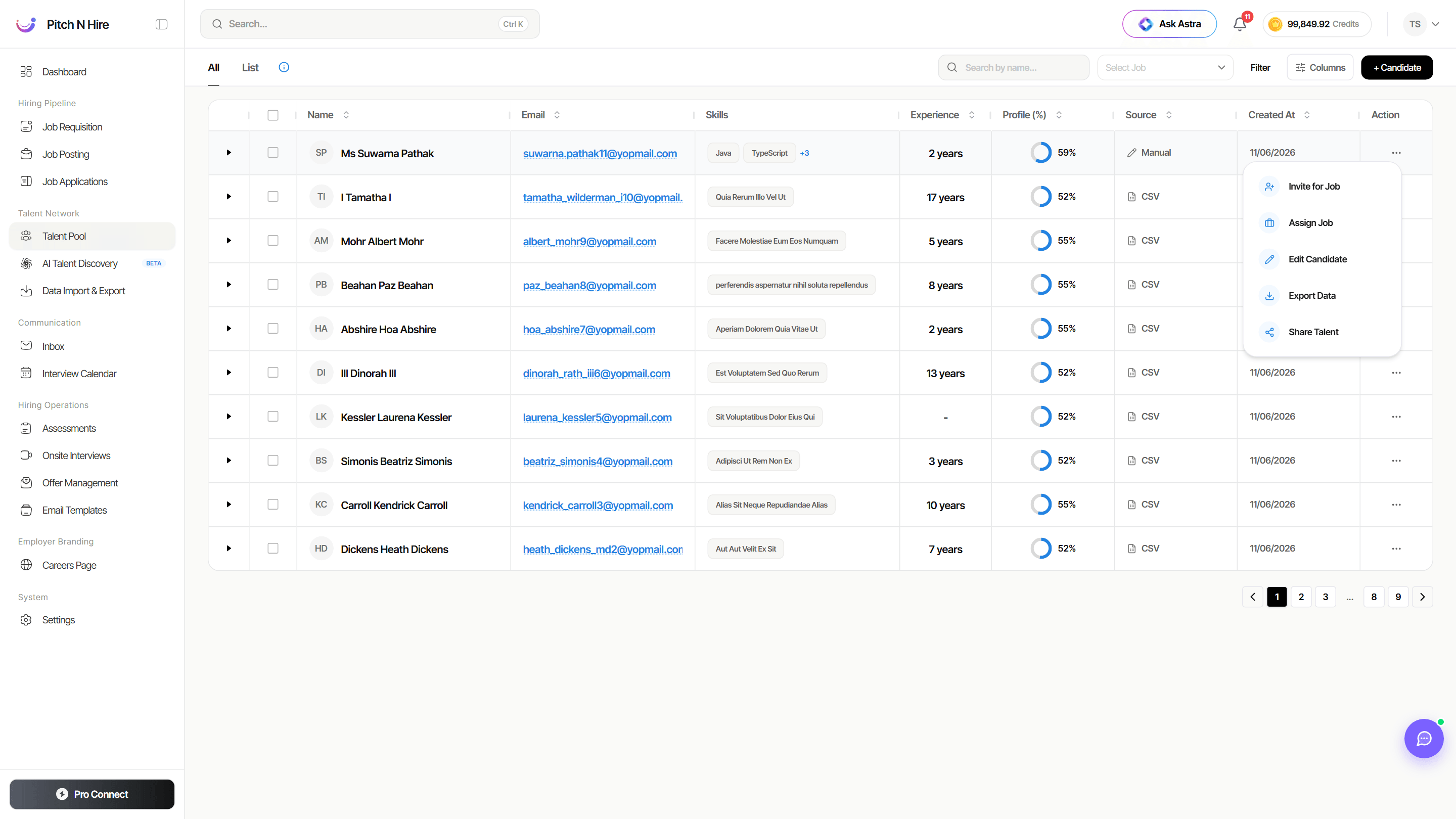 Talent Pool row Actions menu with Invite for Job, Assign Job, Edit Candidate, Export Data and Share Talent