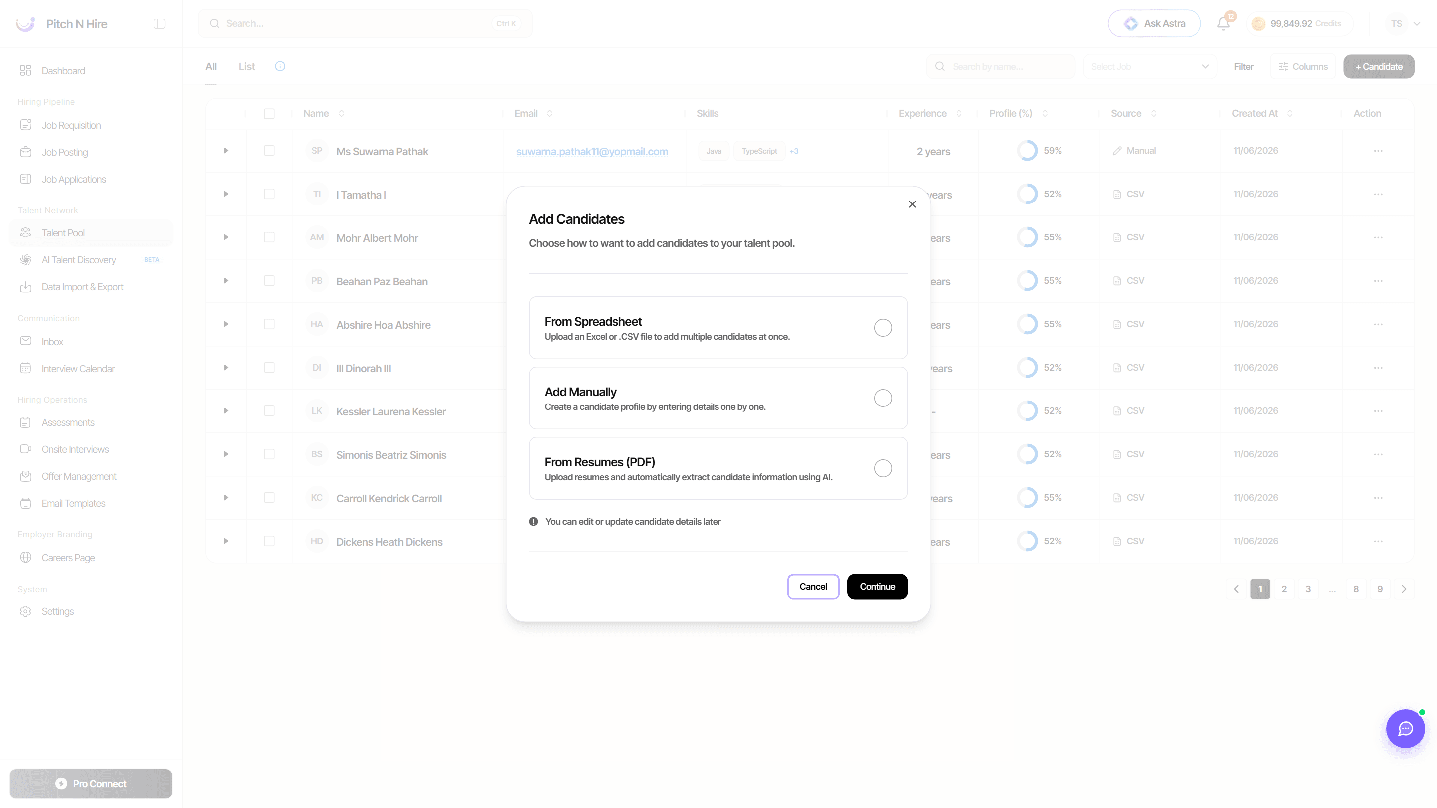 Add Candidates modal offering From Spreadsheet, Add Manually and From Resumes (PDF) options