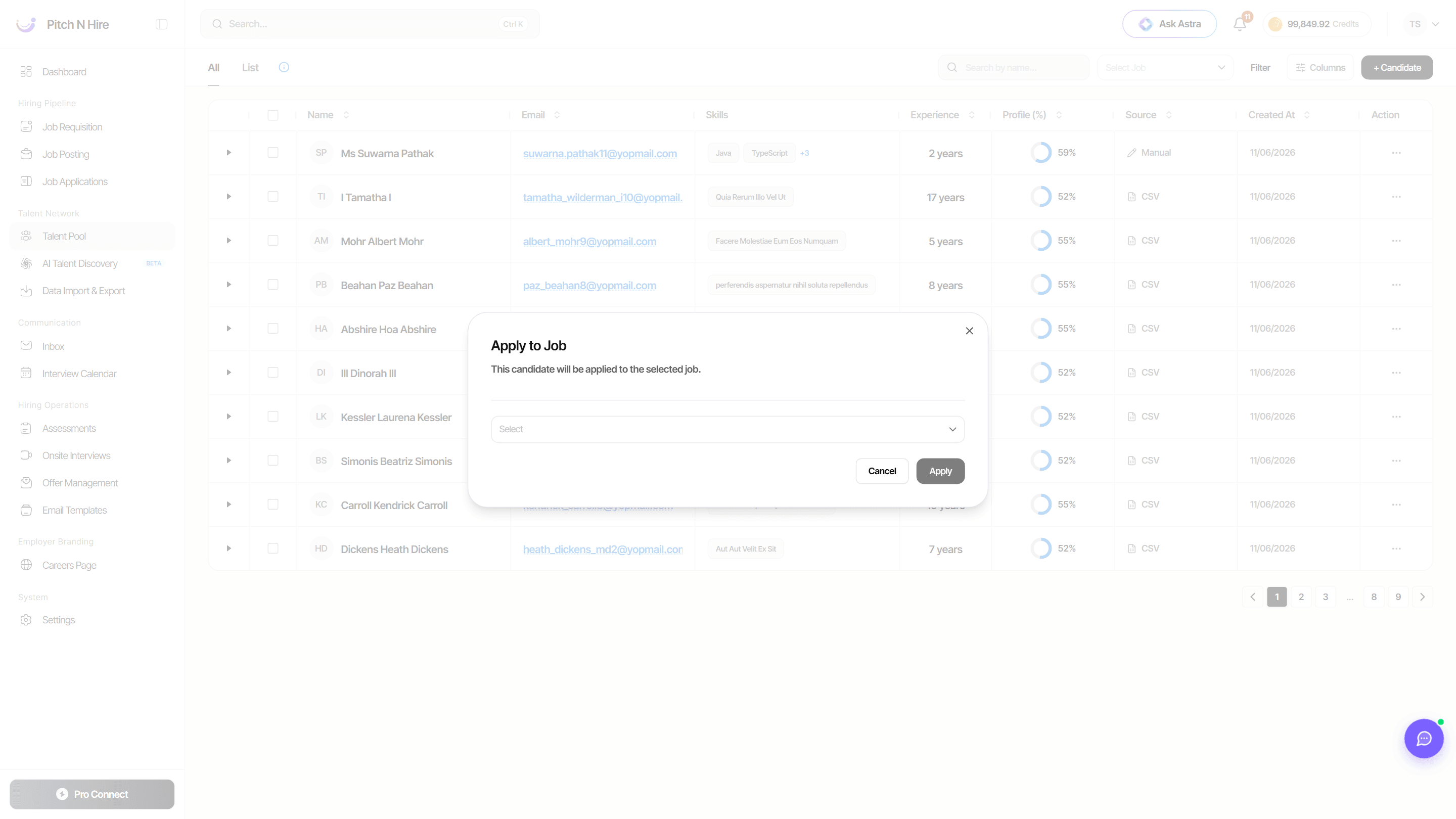 Apply to Job dialog confirming the candidate will be applied to the selected job
