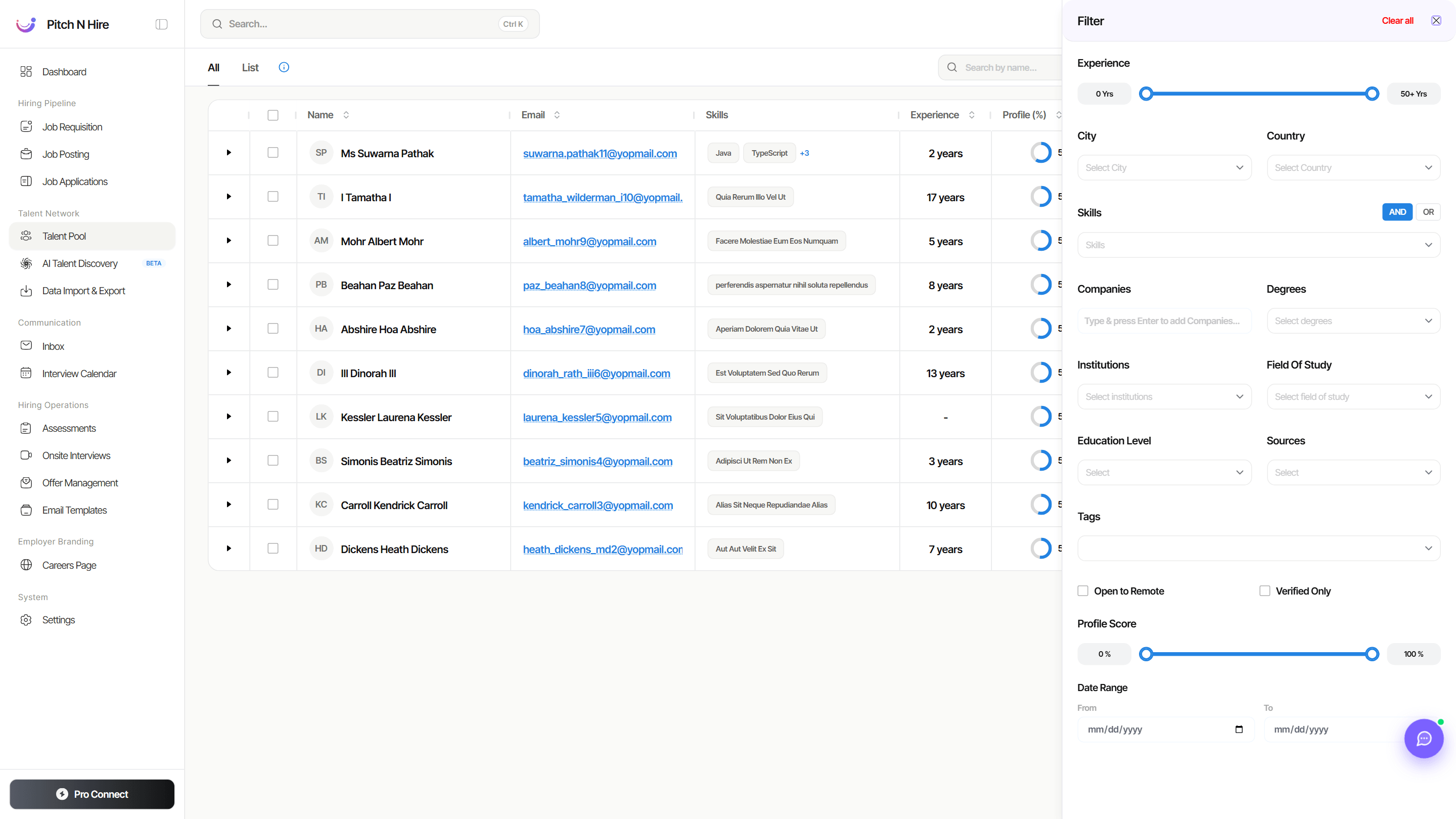 Talent Pool Filter panel with Experience, City, Country, Skills with AND/OR, Companies, Degrees, Institutions, Field of Study, Education Level, Sources, Tags, Open to Remote, Verified Only and Profile Score controls