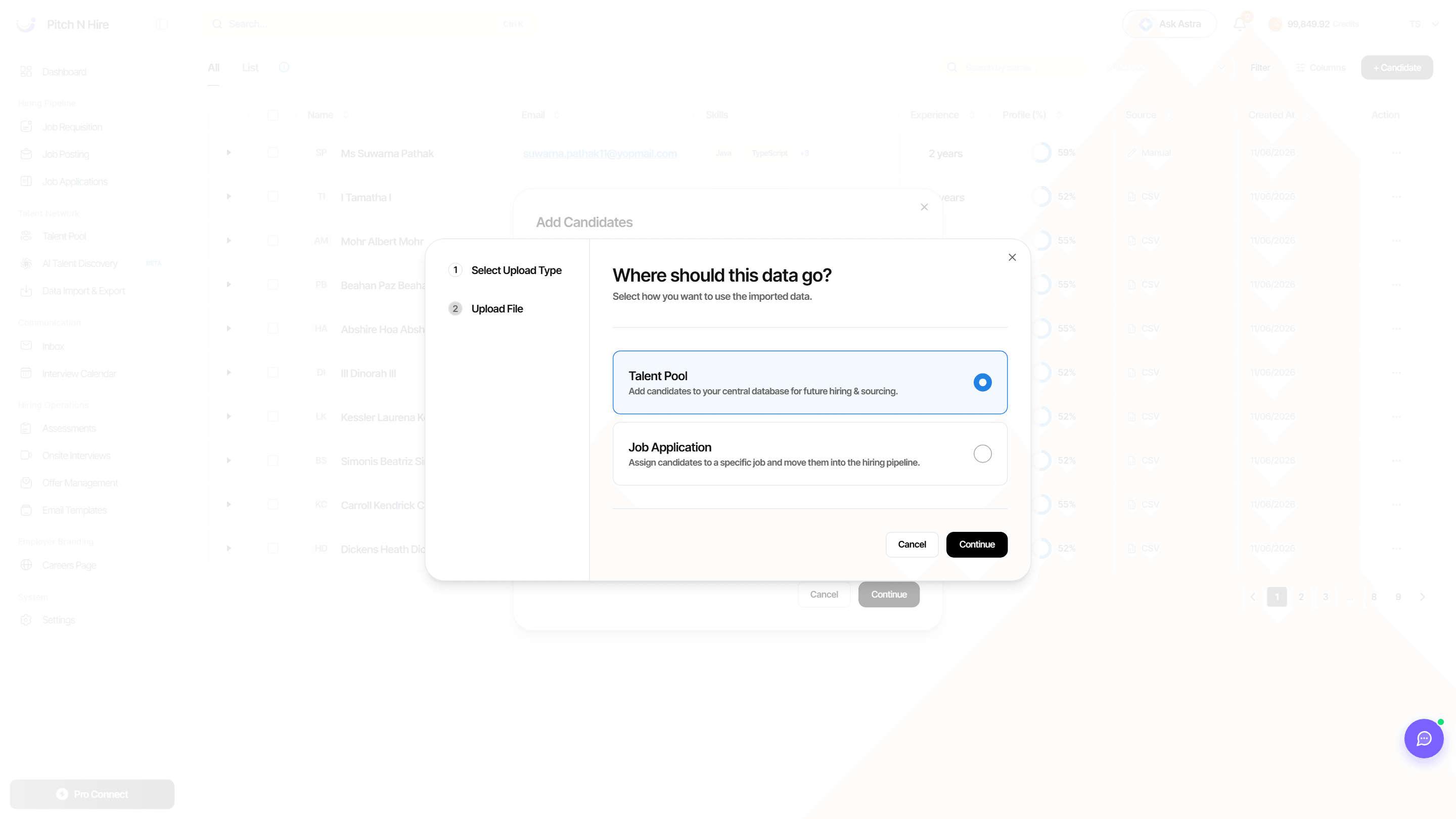 Where should this data go step letting you send imported candidates to the Talent Pool, a Job Application or a List