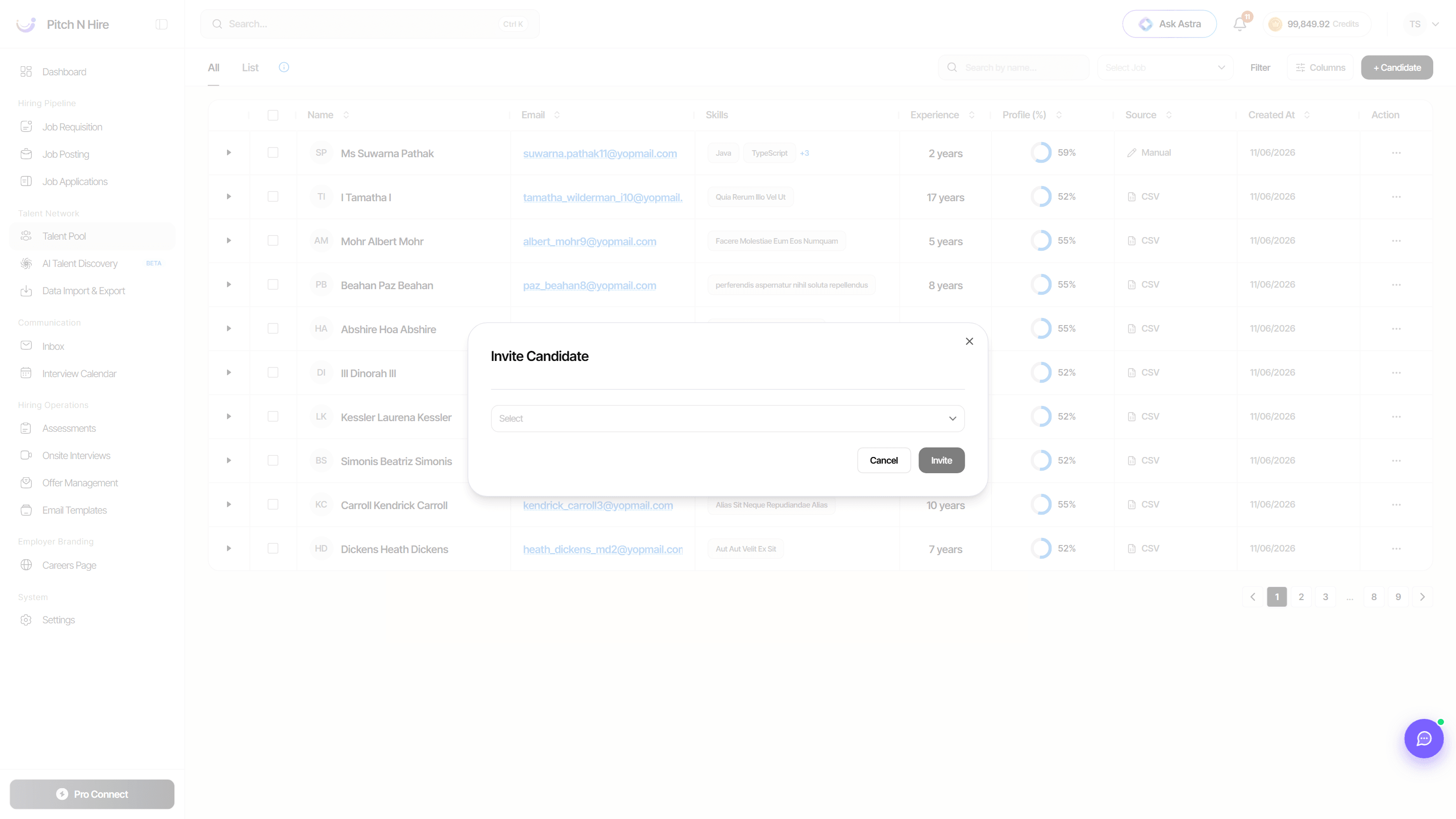 Invite Candidate dialog with a job selector and an Invite button