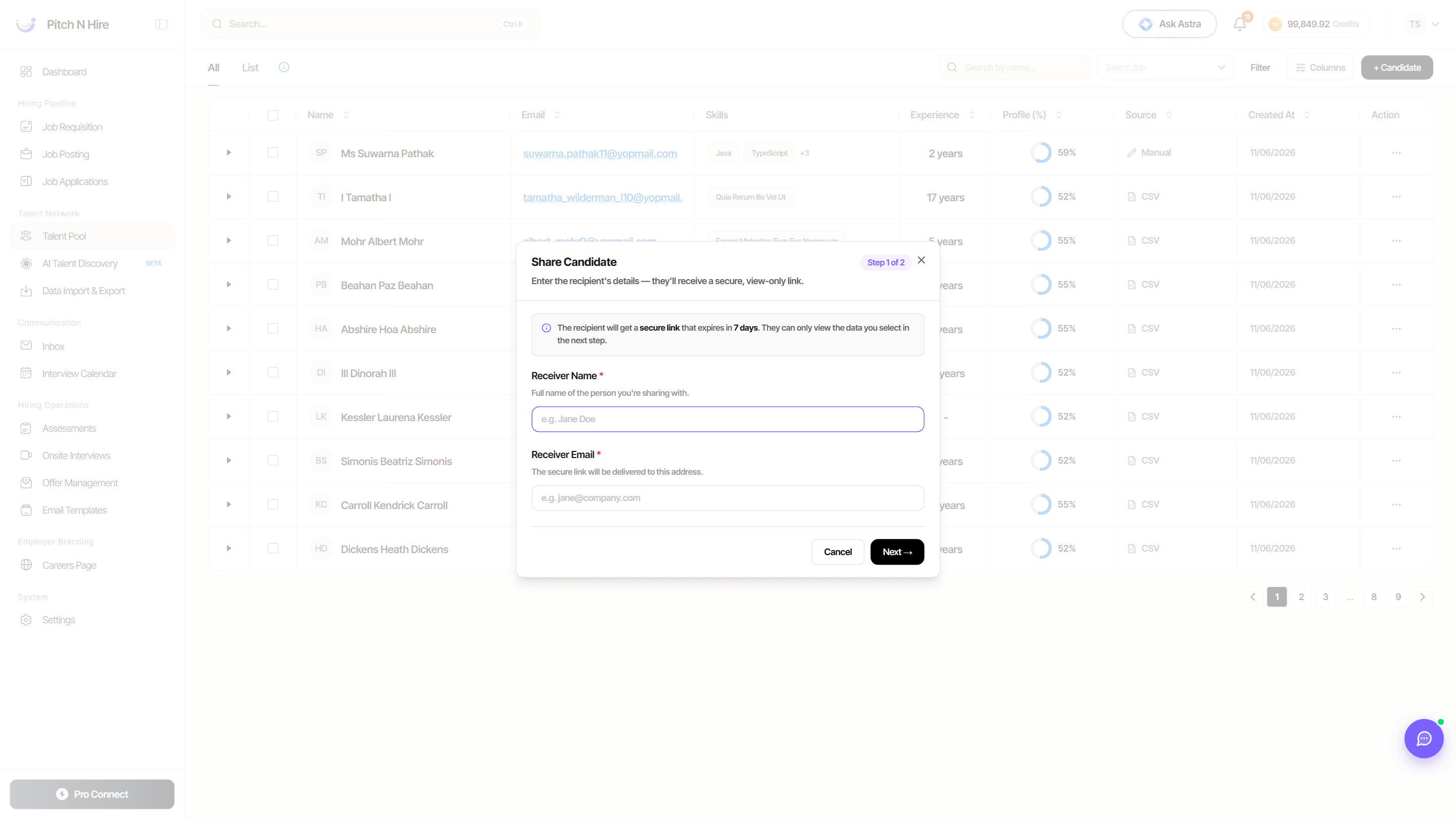 Share Candidate dialog step 1 with receiver name and email and a note about a secure 7-day view-only link
