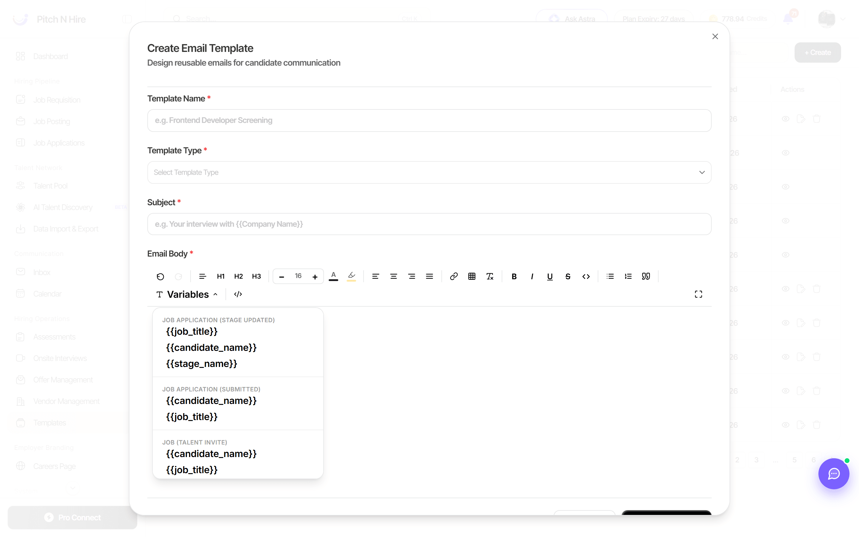 Variables dropdown open in the email template editor showing placeholders grouped by template type, including job_title, candidate_name and stage_name